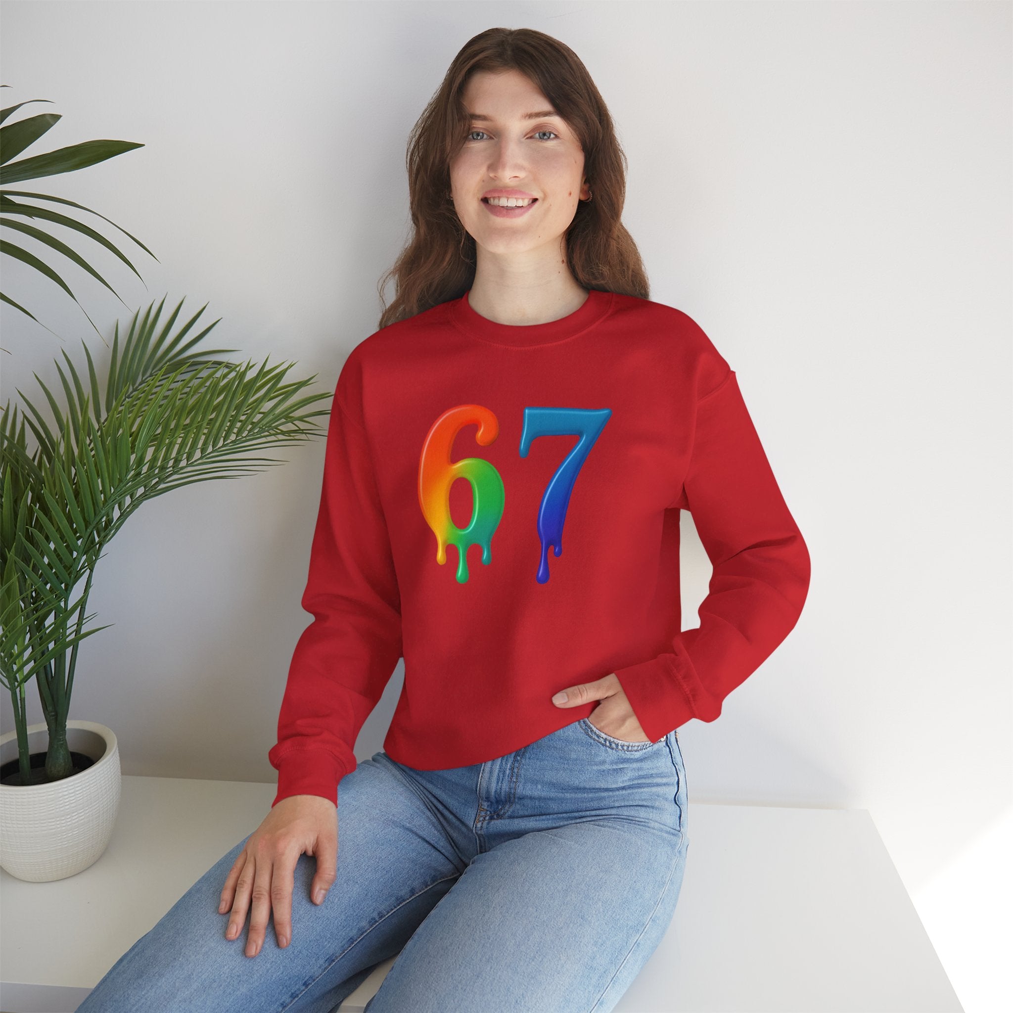 Colorful Drip 67 Sweatshirt, Cozy Unisex Crewneck, Gift for Friends, Rainbow Sweatshirt, Casual Everyday Wear, Birthday Apparel