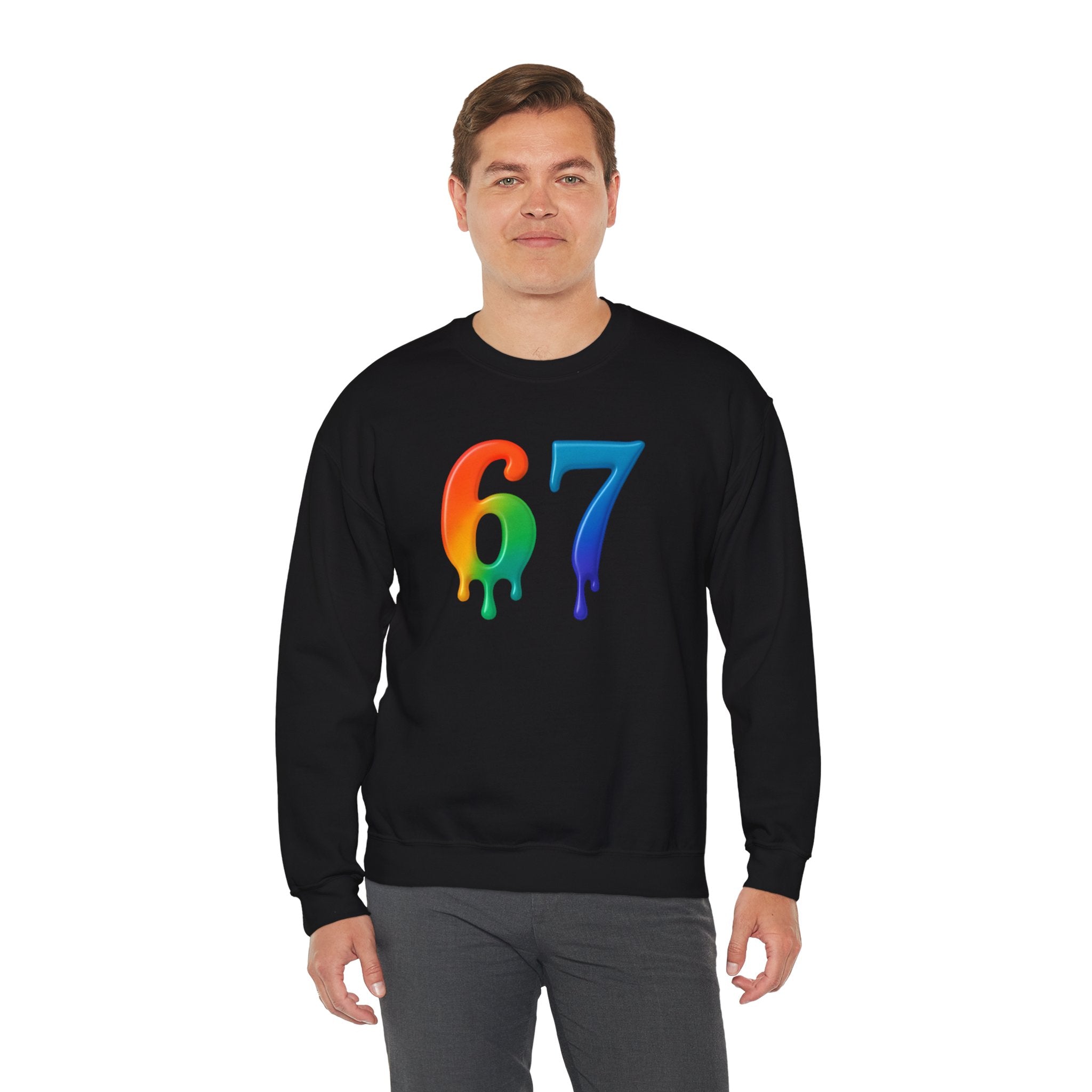 Colorful Drip 67 Sweatshirt, Cozy Unisex Crewneck, Gift for Friends, Rainbow Sweatshirt, Casual Everyday Wear, Birthday Apparel