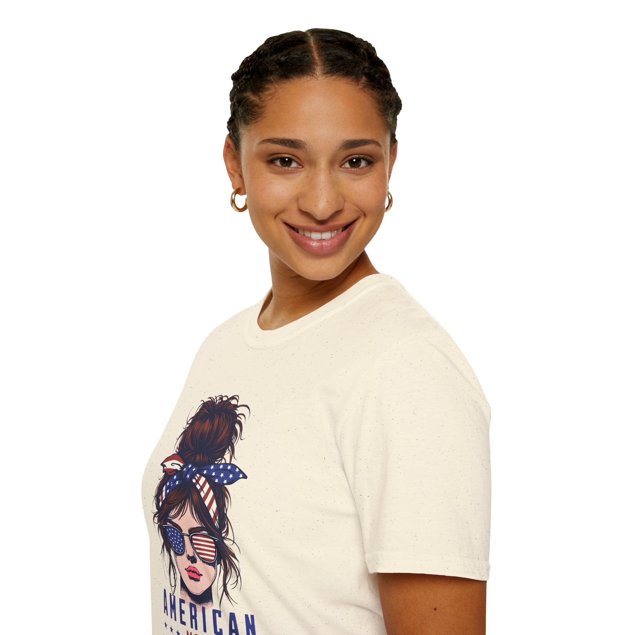 American Mom T-Shirt — Patriotic Messy Bun Sunglasses Tee