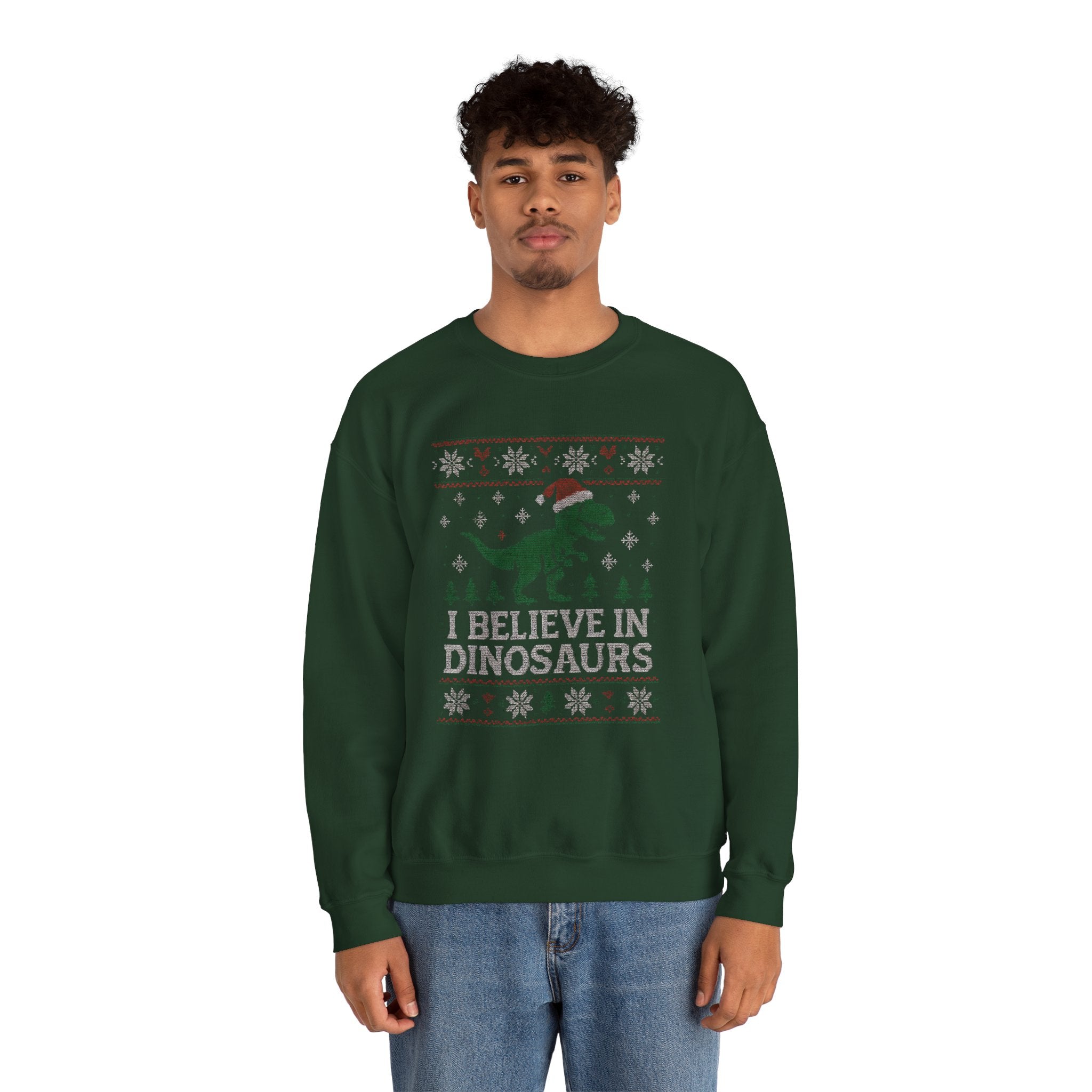 Festive Dinosaur Sweatshirt - I Believe in Dinosaurs, Unisex Crewneck, Christmas Gift, Holiday Apparel, Year-Round Fun