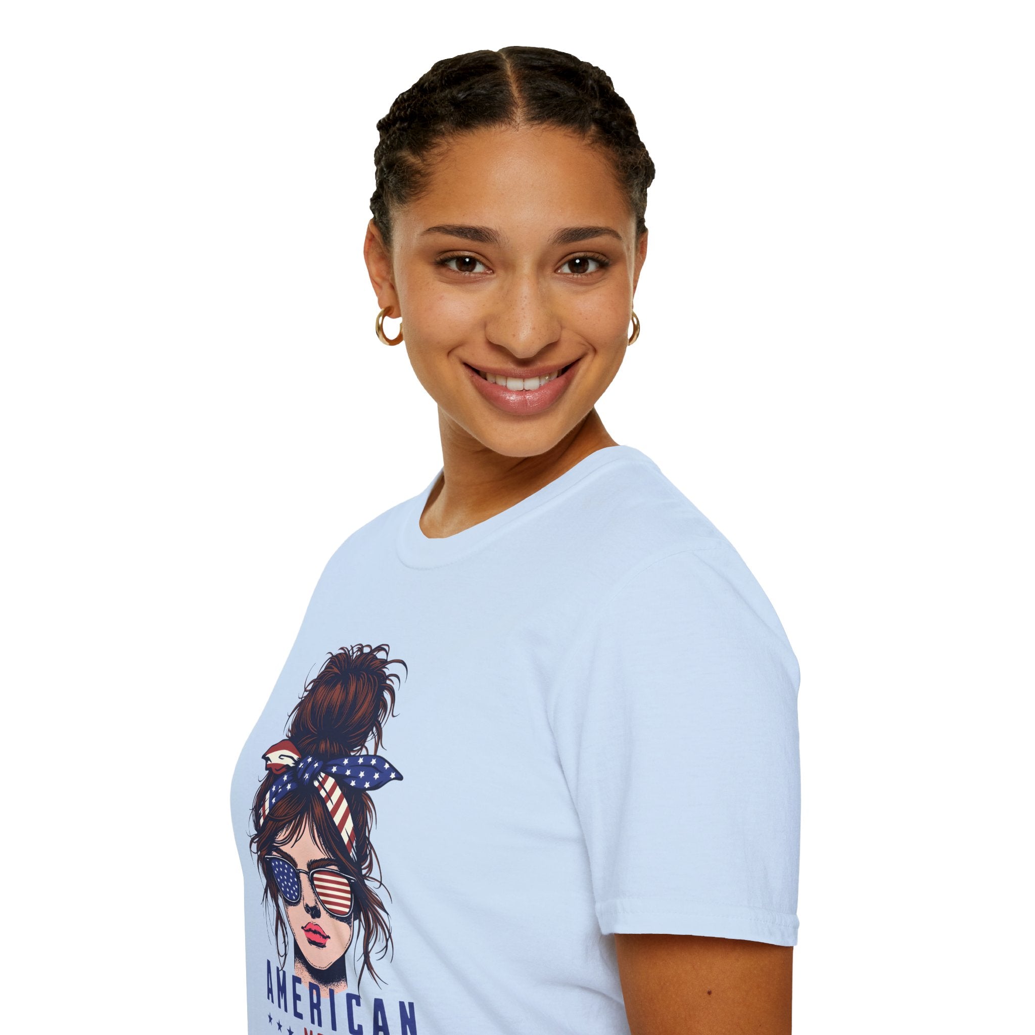 American Mom T-Shirt — Patriotic Messy Bun Sunglasses Tee
