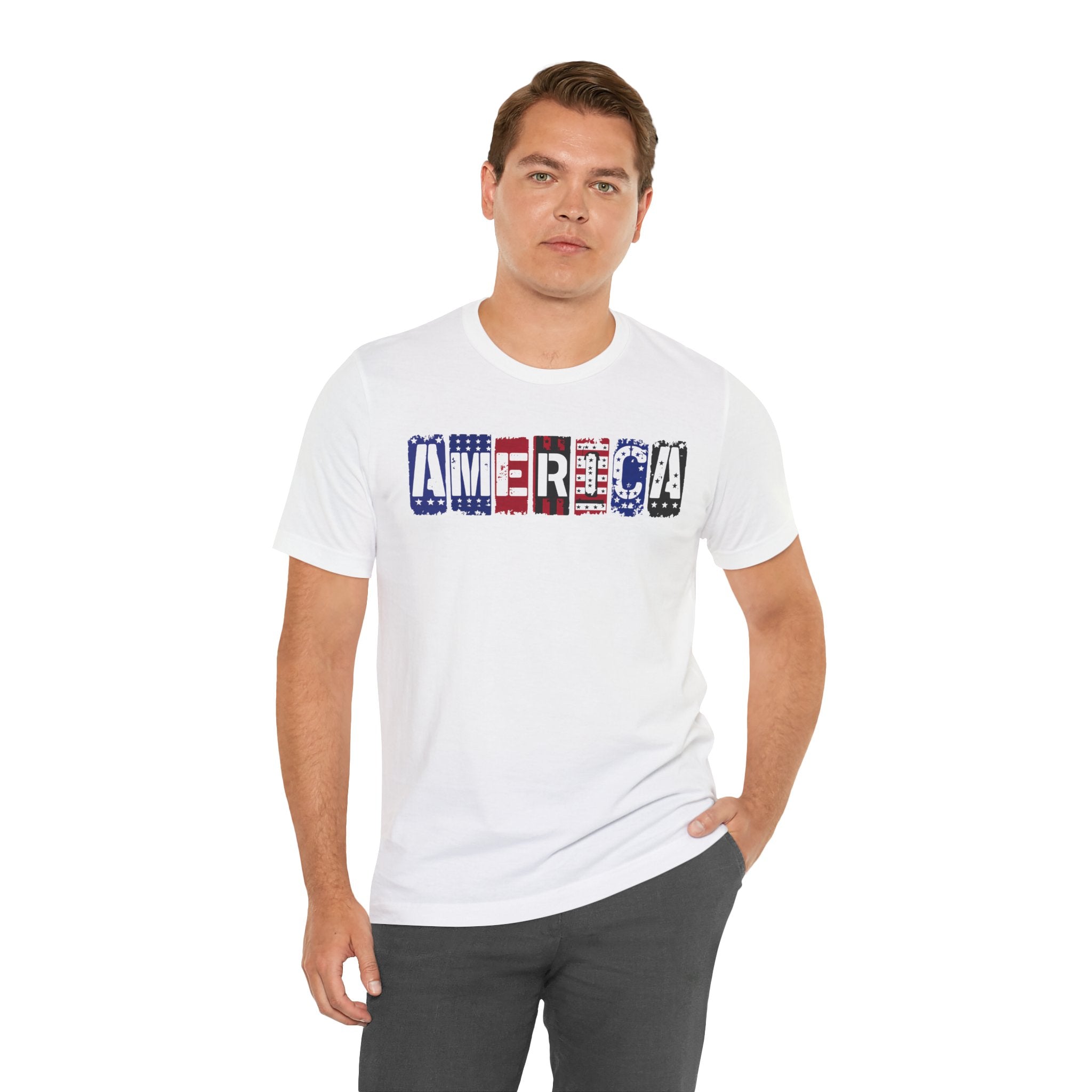 America Block Letter Tee – Patriotic USA Flag Graphic T-Shirt