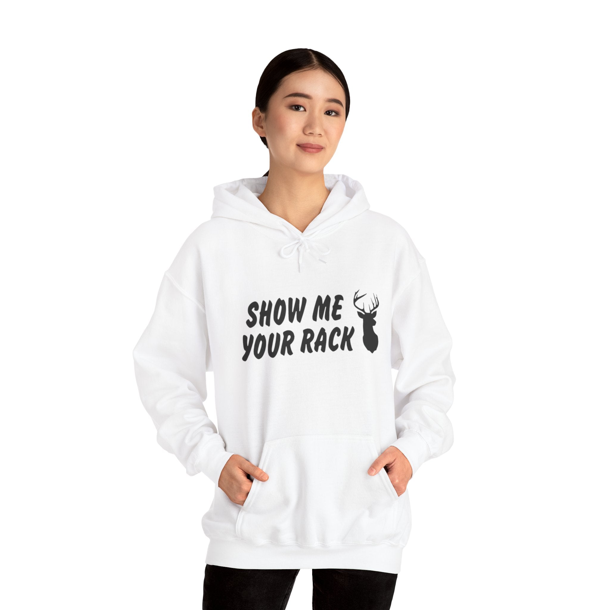 Funny Hunting Hoodie - Show Me Your Rack, Unisex Sweatshirt for Outdoors, Gift for Hunters, Casual Wear, Holiday Apparel