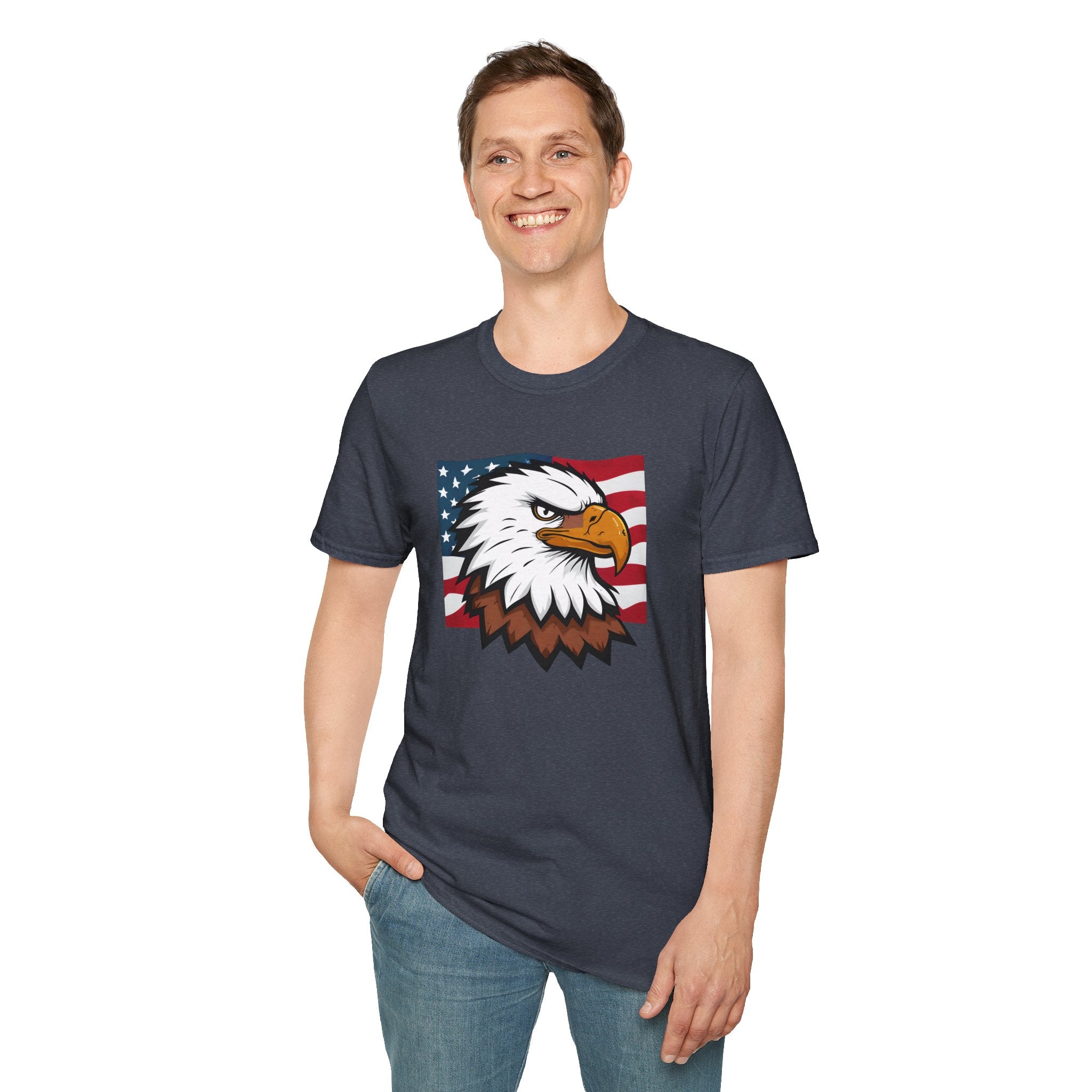 Patriotic Eagle Graphic T-Shirt, Unisex Softstyle Tee for Independence Day, Casual Wear, Gift for Veterans, American Pride Clothing
