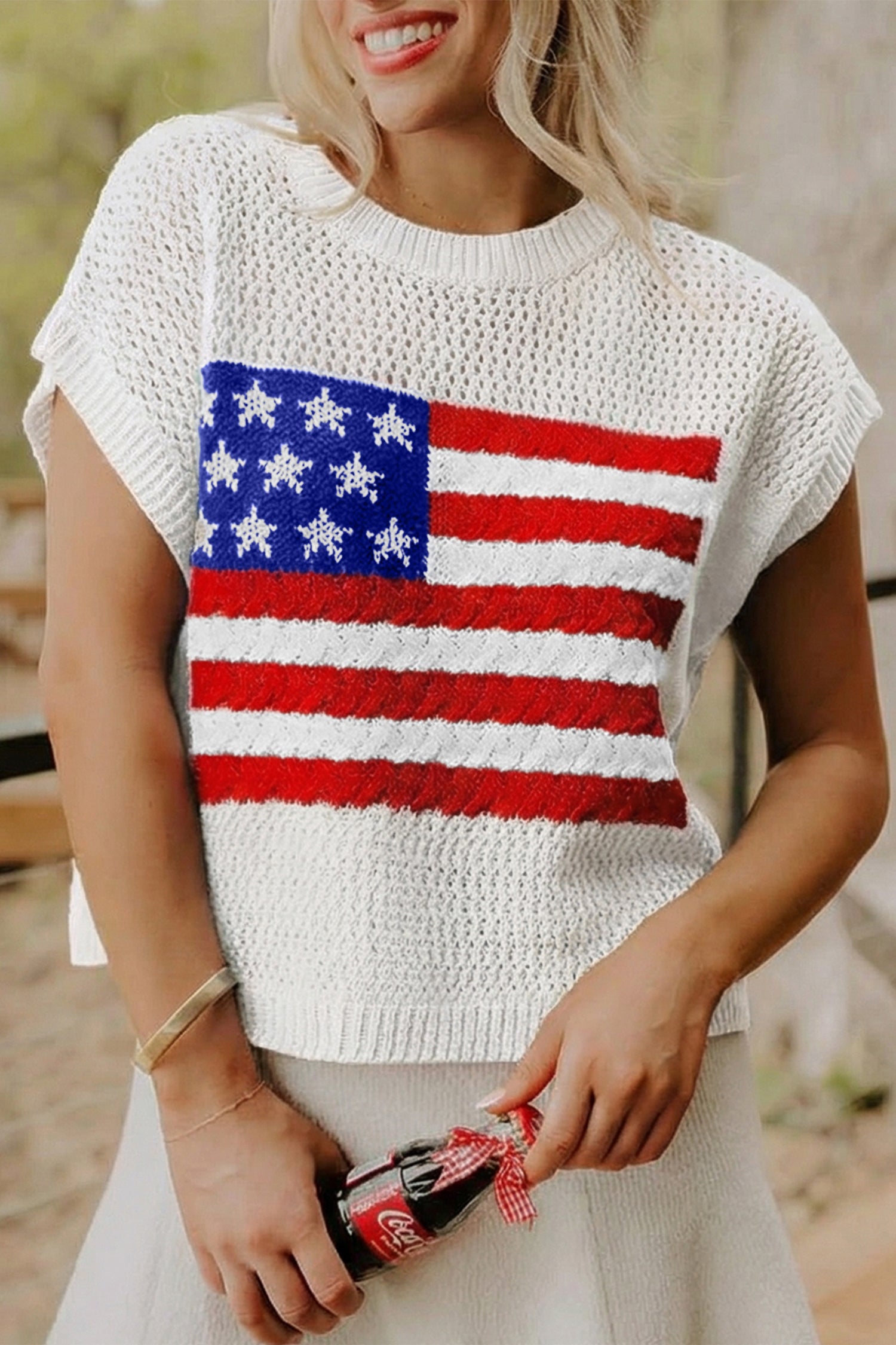 Sky Blue Flag Graphic Short Sleeve Sweater Top