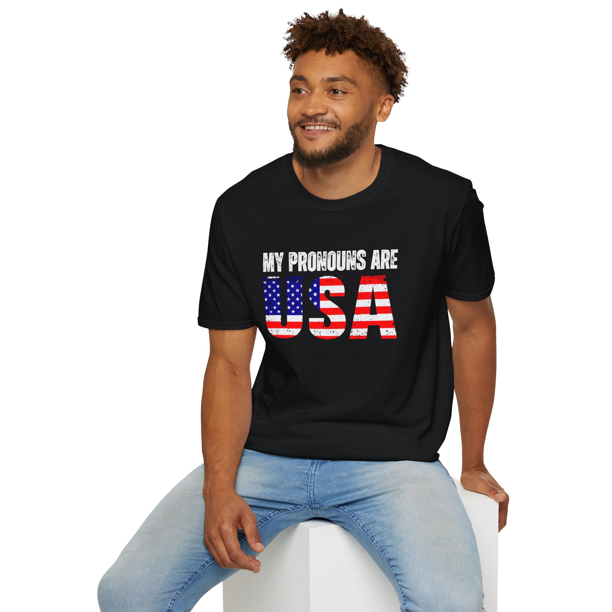 My Pronouns Are USA T-Shirt — Patriotic American Flag Graphic Tee for 4th of July & Political Events