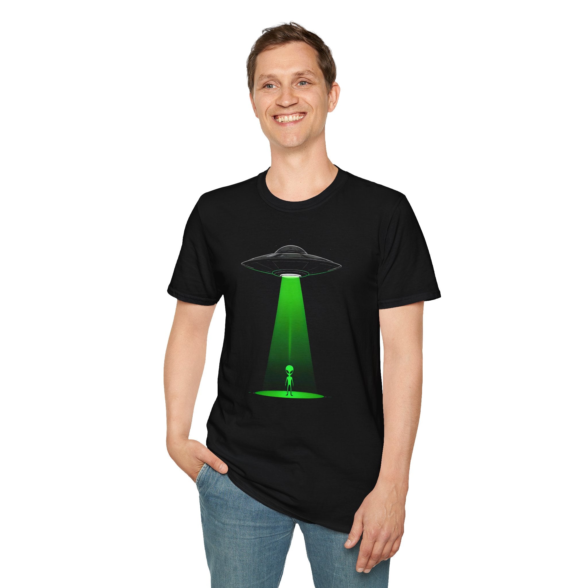 Alien Abduction T-Shirt — Neon UFO Beam Graphic Tee