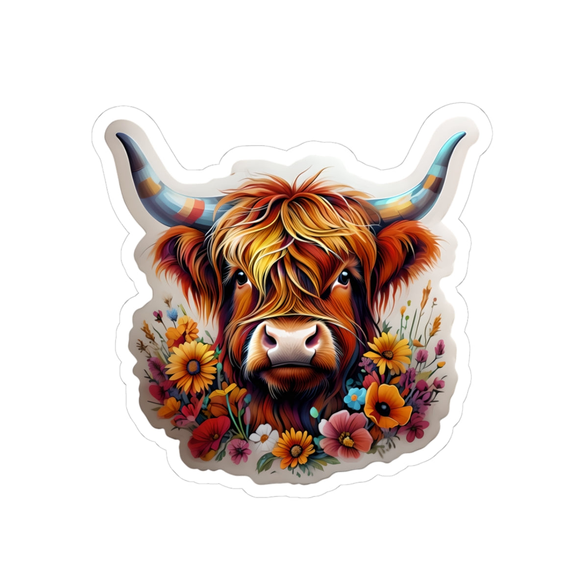 Highland Cow Floral Kiss-Cut Stickers - Colorful Art for Laptops & Decor