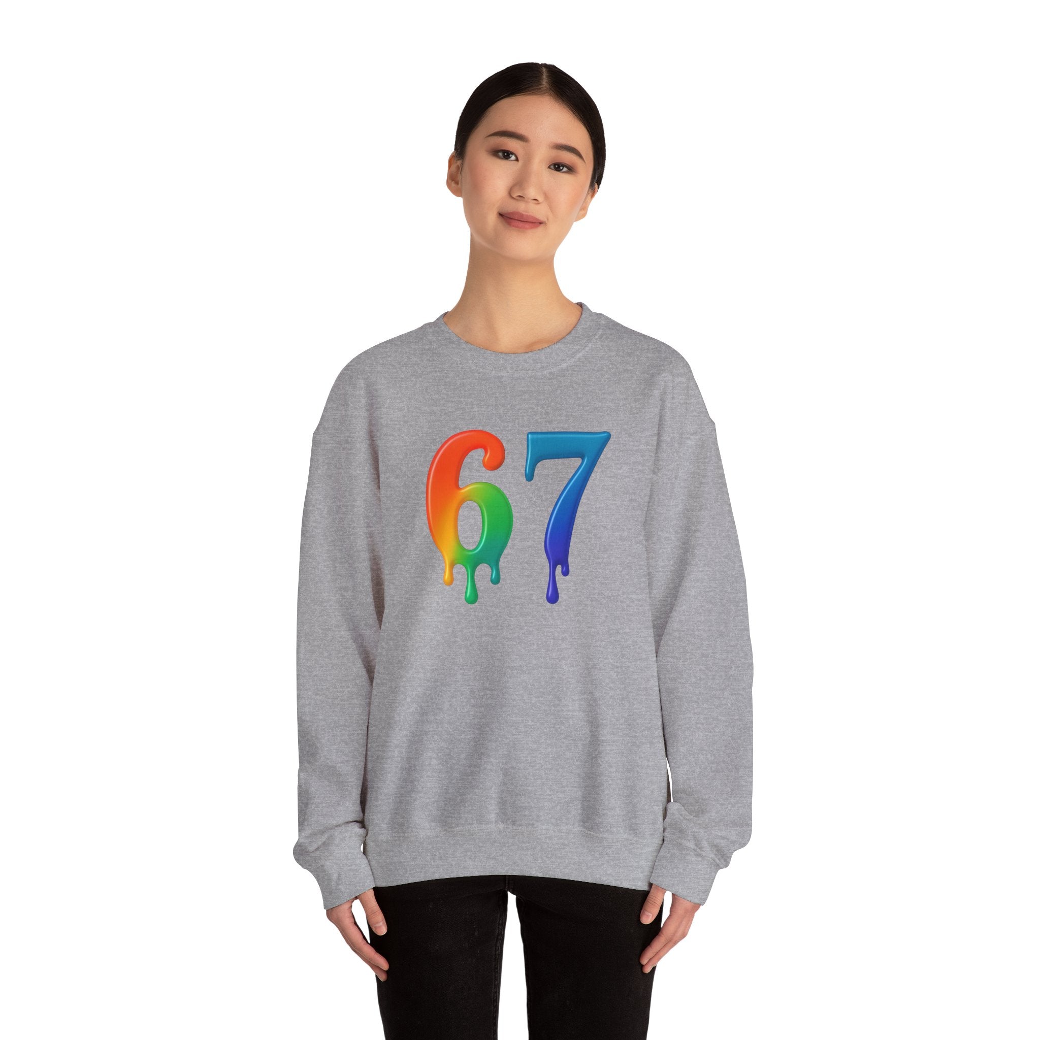 Colorful Drip 67 Sweatshirt, Cozy Unisex Crewneck, Gift for Friends, Rainbow Sweatshirt, Casual Everyday Wear, Birthday Apparel