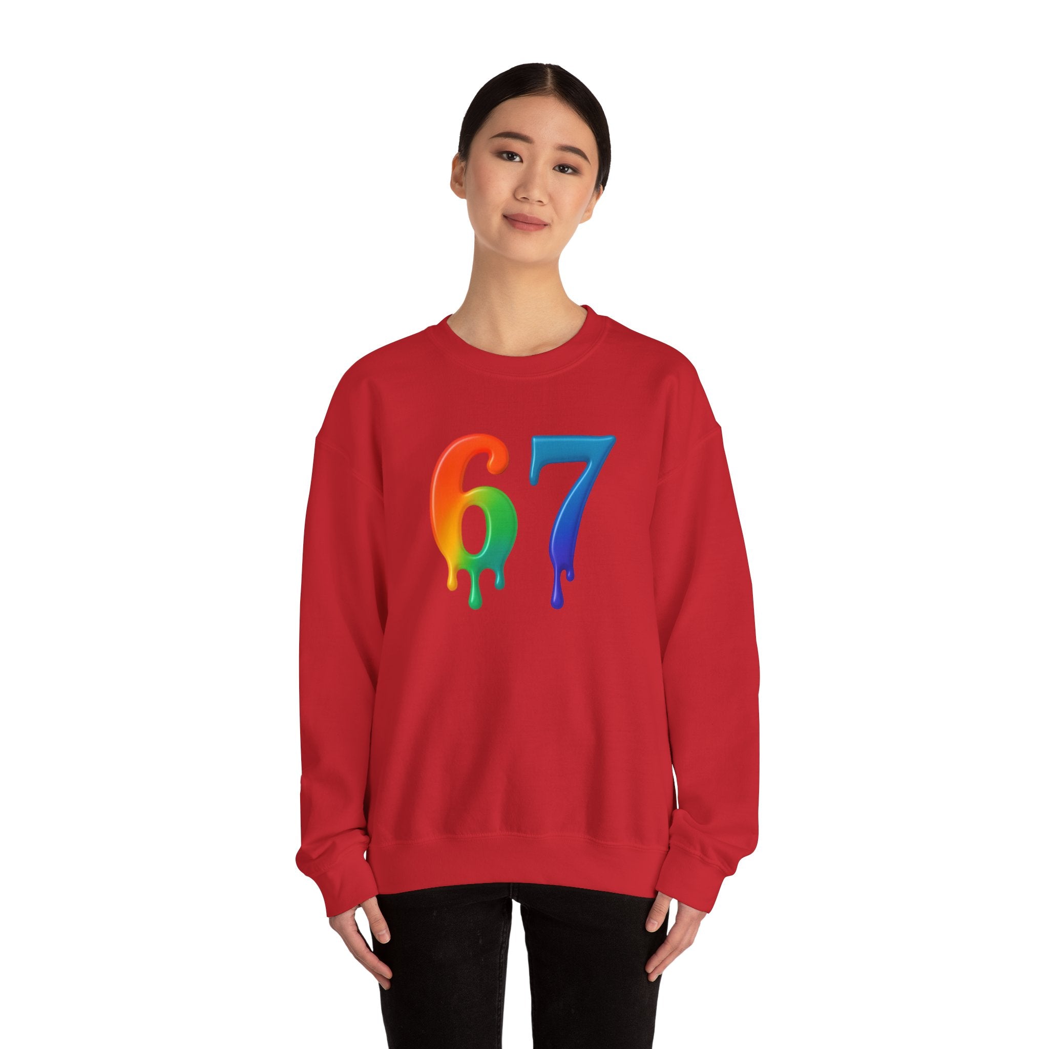 Colorful Drip 67 Sweatshirt, Cozy Unisex Crewneck, Gift for Friends, Rainbow Sweatshirt, Casual Everyday Wear, Birthday Apparel