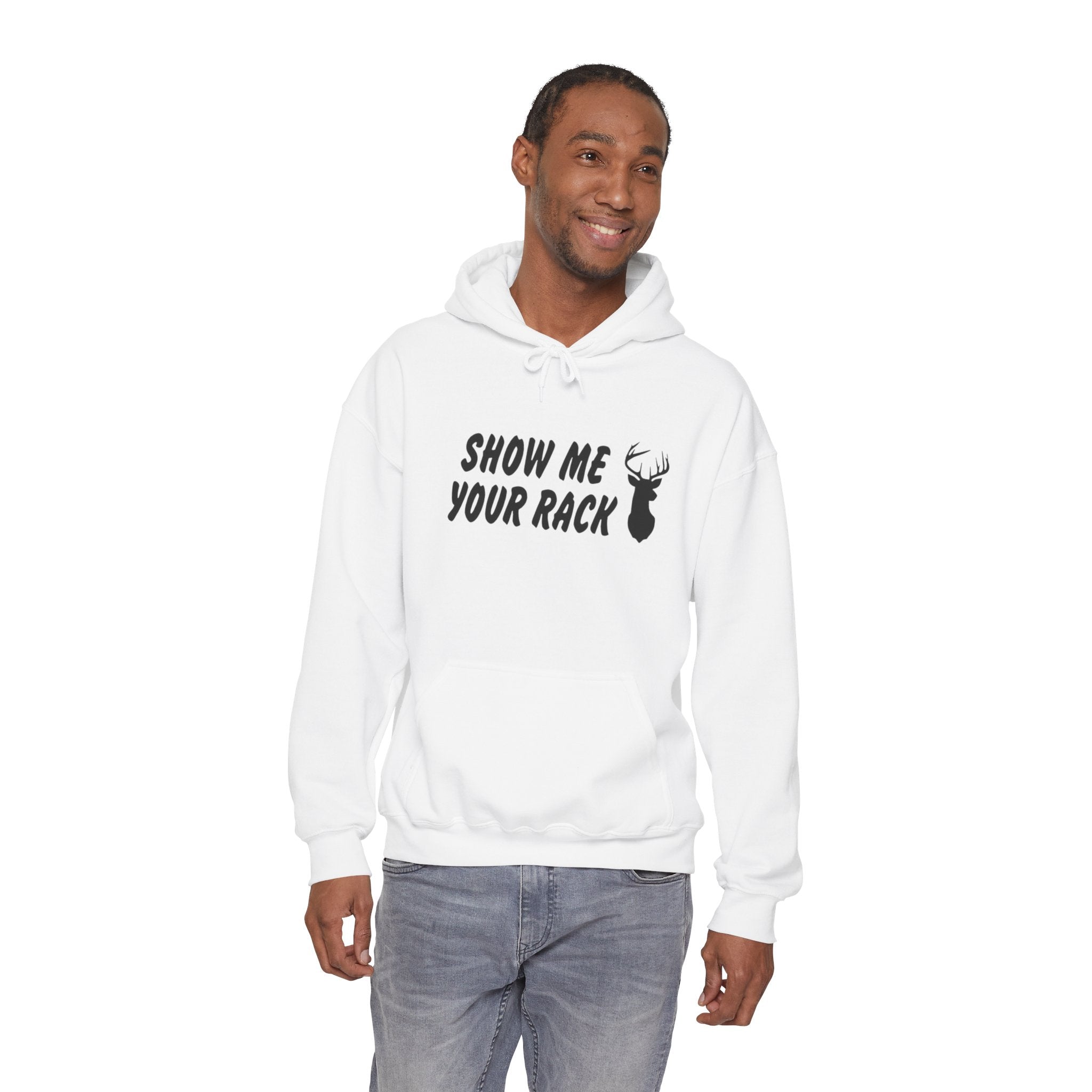 Funny Hunting Hoodie - Show Me Your Rack, Unisex Sweatshirt for Outdoors, Gift for Hunters, Casual Wear, Holiday Apparel