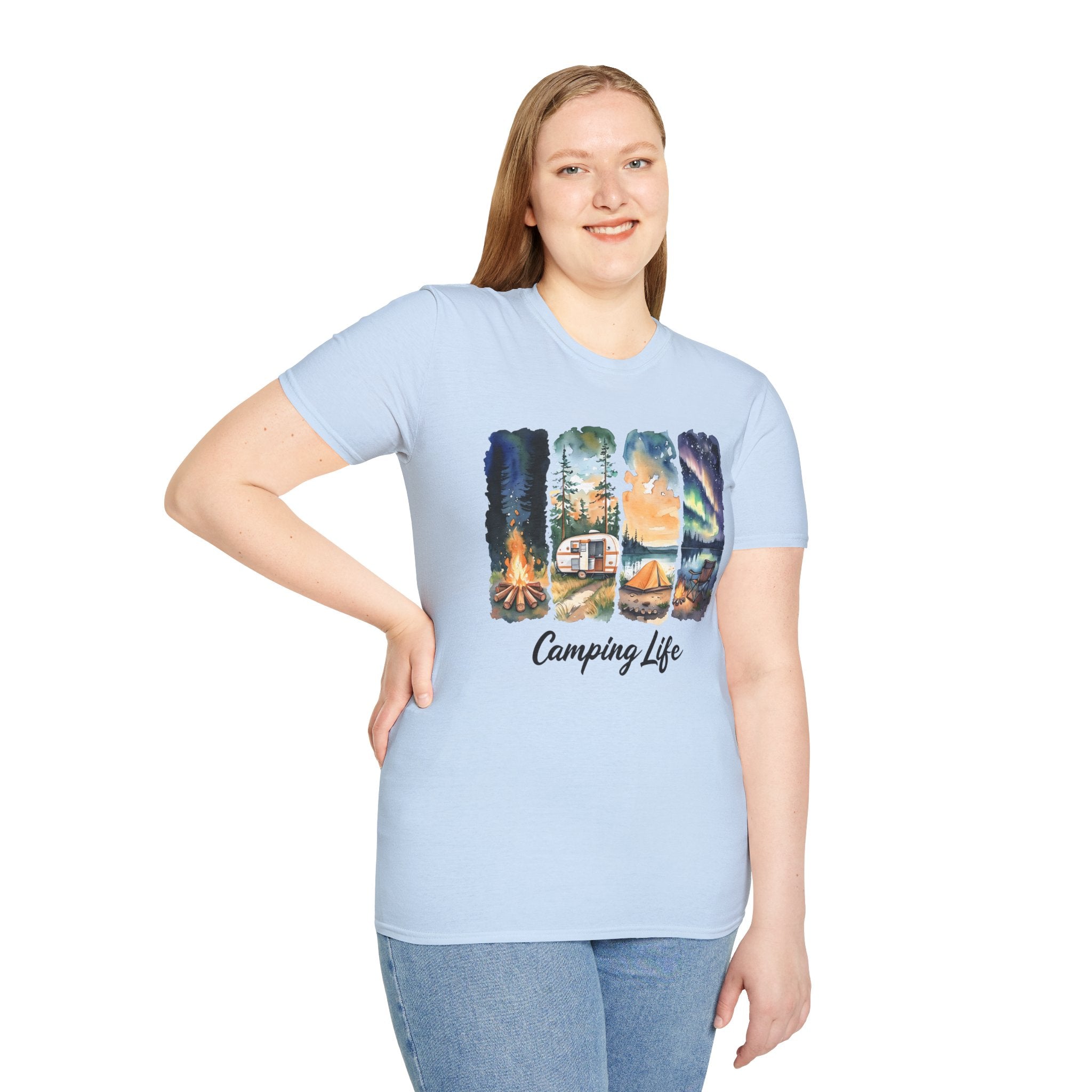 Camping Life T‑Shirt — Retro Campsite Scenes (Campfire, Trailer, Tent, Northern Lights)