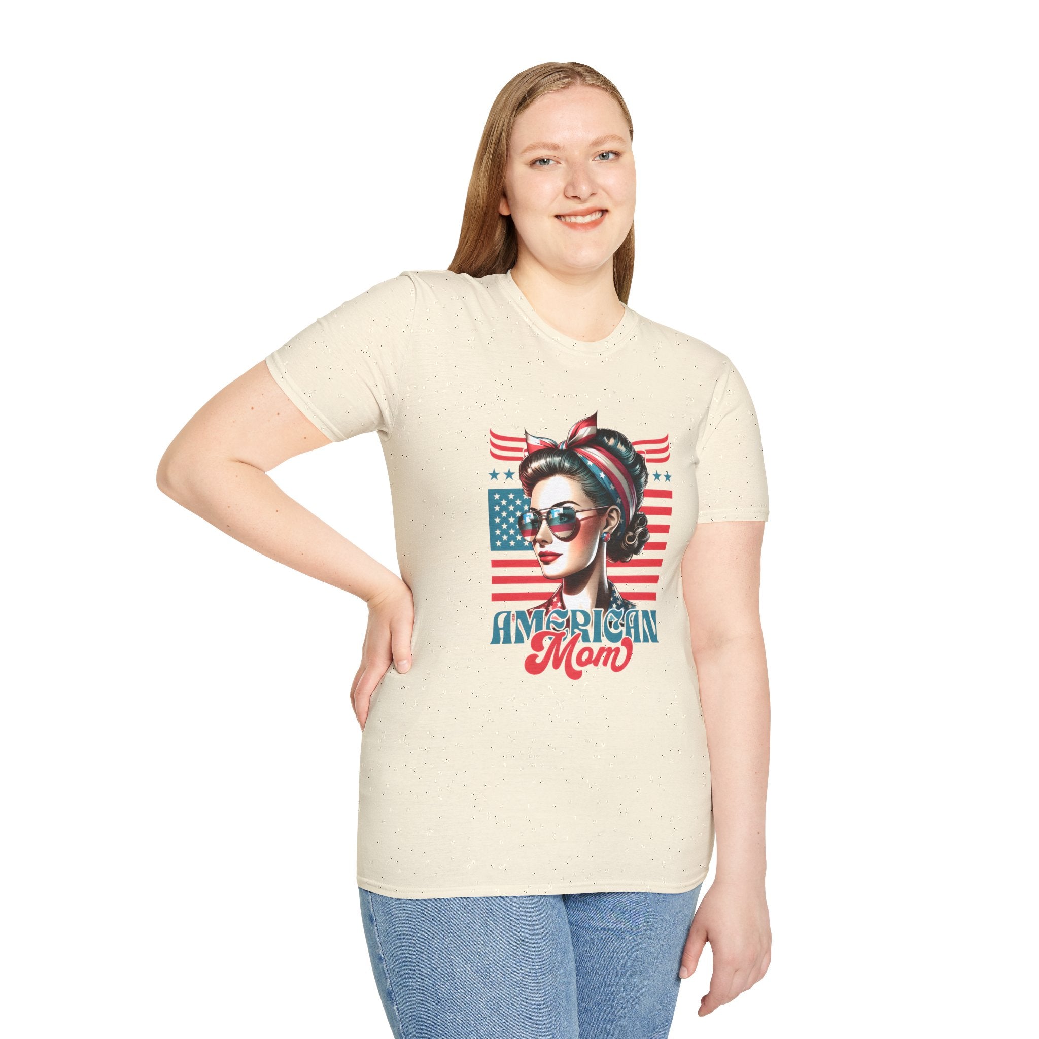 American Mom T-Shirt — Patriotic Retro Rosie Women’s Tee (Stars & Stripes)