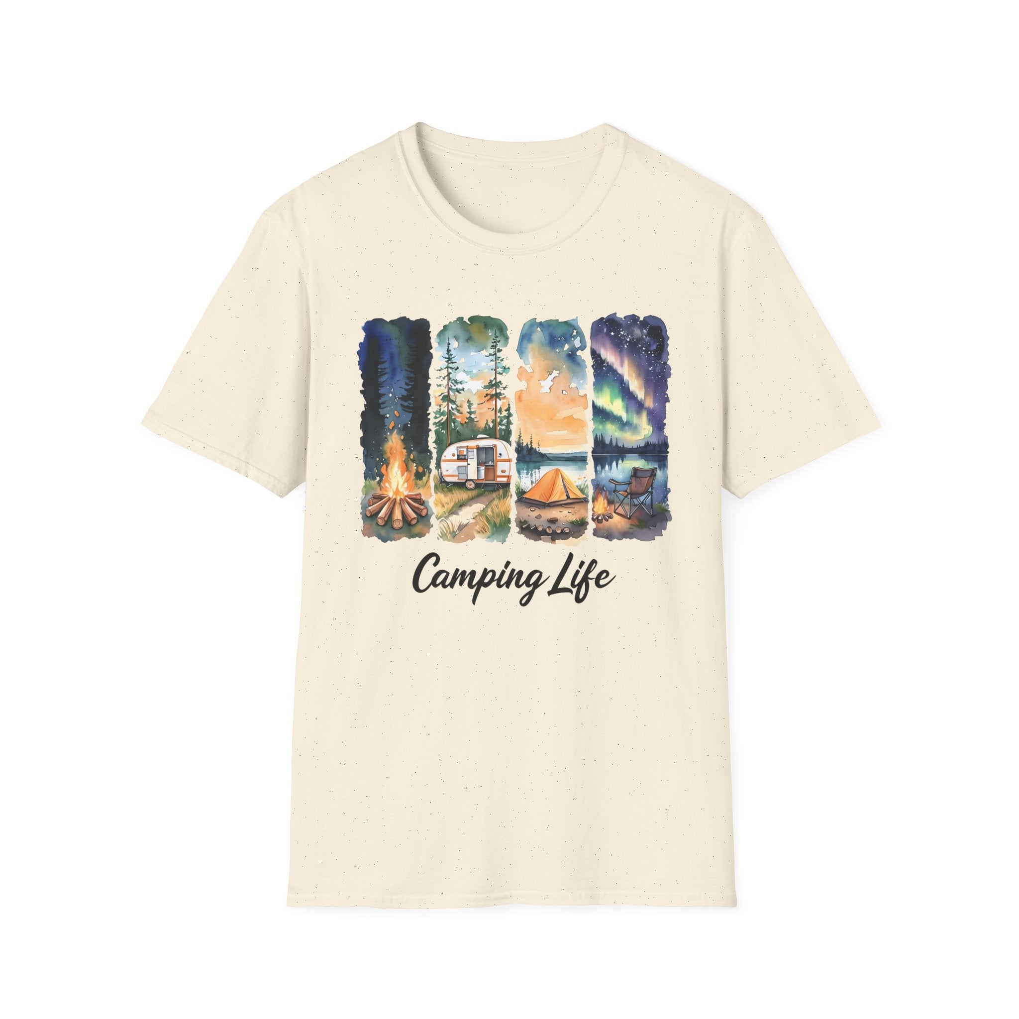 Camping Life T‑Shirt — Retro Campsite Scenes (Campfire, Trailer, Tent, Northern Lights)
