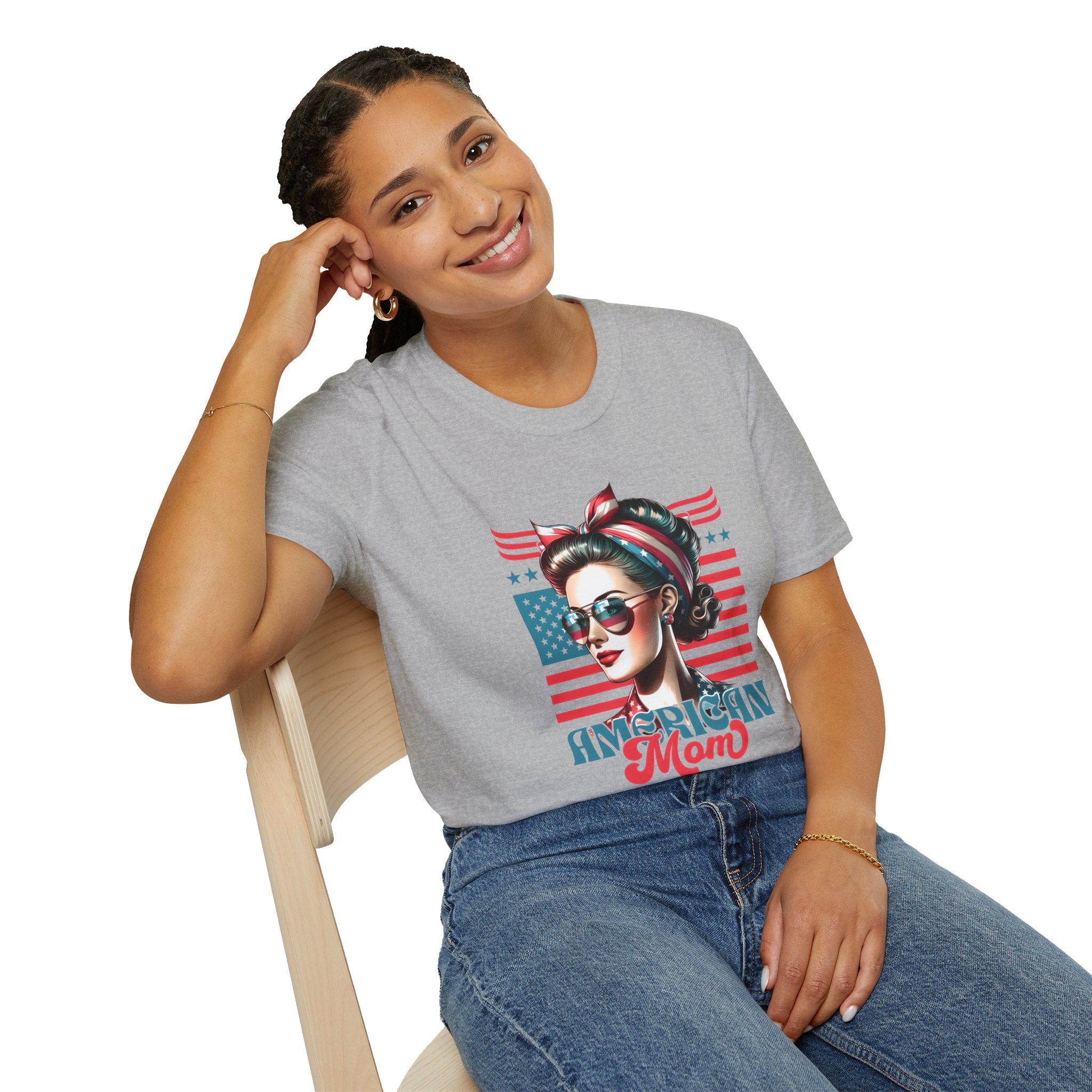 American Mom T-Shirt — Patriotic Retro Rosie Women’s Tee (Stars & Stripes)