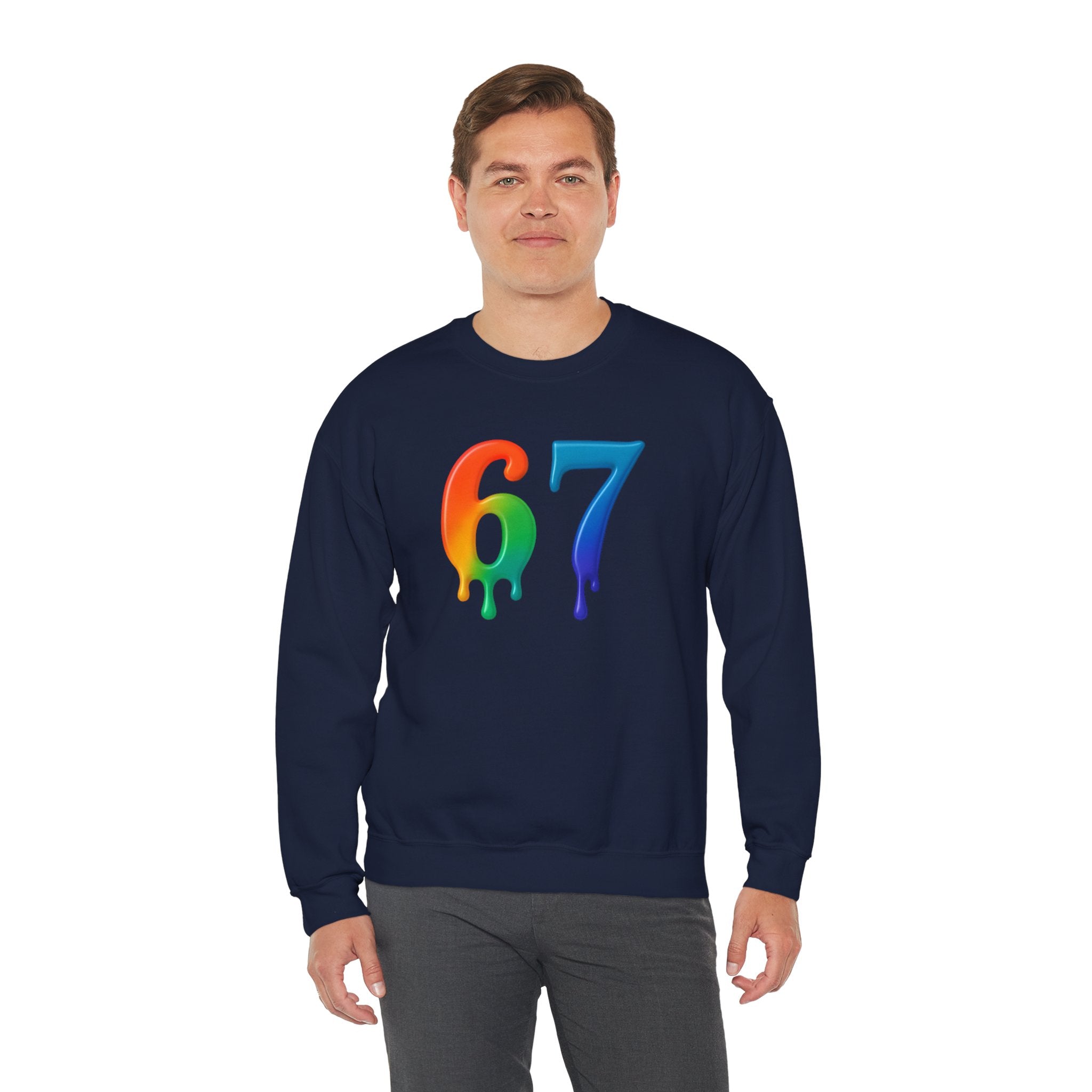 Colorful Drip 67 Sweatshirt, Cozy Unisex Crewneck, Gift for Friends, Rainbow Sweatshirt, Casual Everyday Wear, Birthday Apparel
