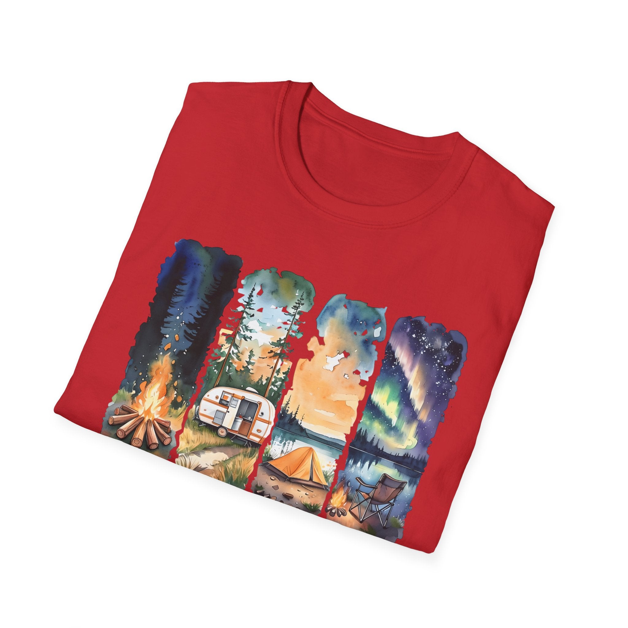 Camping Life T‑Shirt — Retro Campsite Scenes (Campfire, Trailer, Tent, Northern Lights)