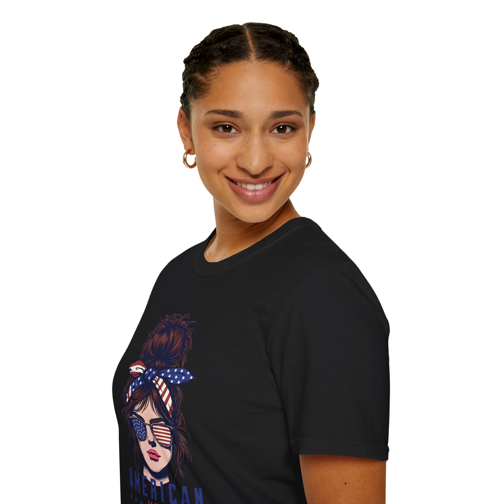 American Mom T-Shirt — Patriotic Messy Bun Sunglasses Tee