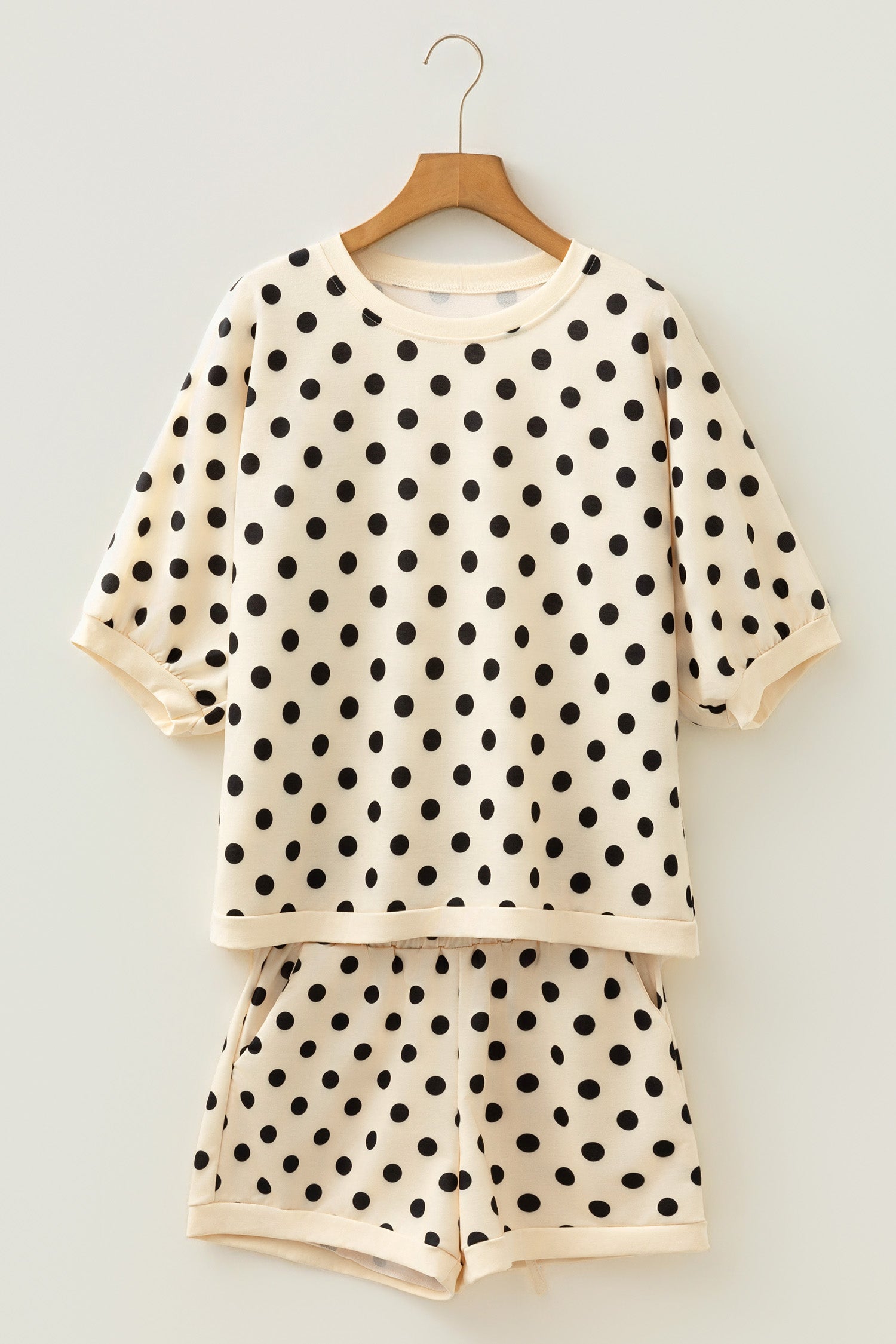 Beige Polka Dot Oversized Top Drawstring Short Set