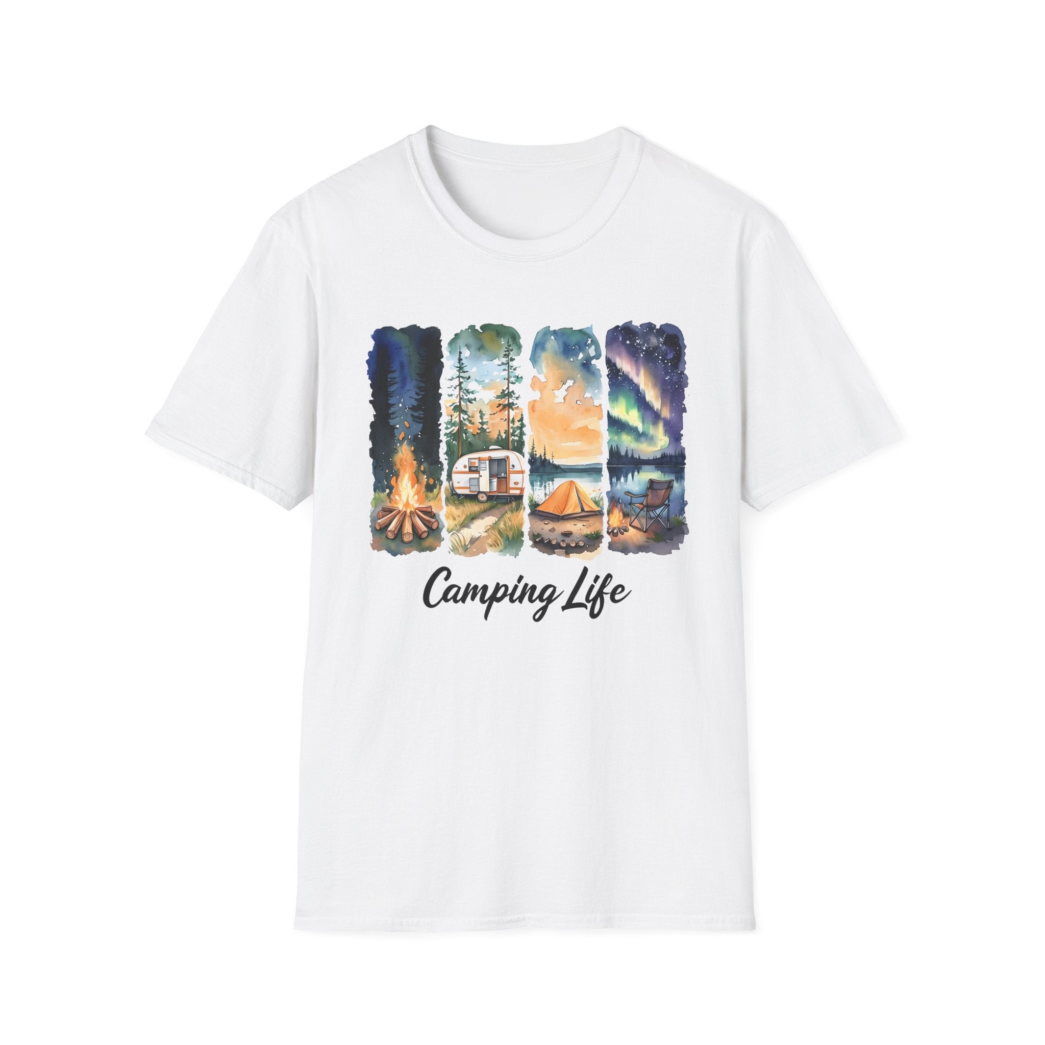 Camping Life T‑Shirt — Retro Campsite Scenes (Campfire, Trailer, Tent, Northern Lights)