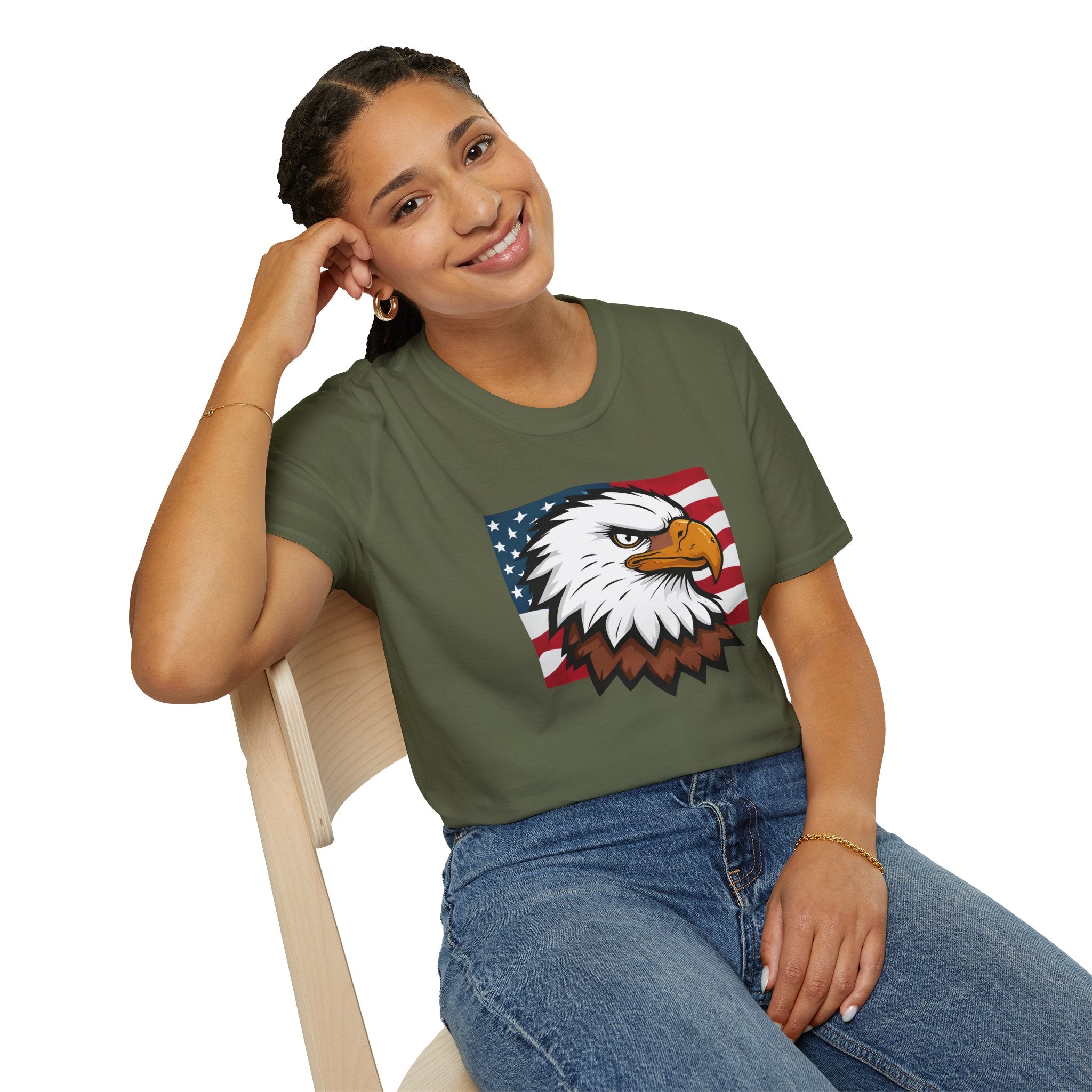 Patriotic Eagle Graphic T-Shirt, Unisex Softstyle Tee for Independence Day, Casual Wear, Gift for Veterans, American Pride Clothing