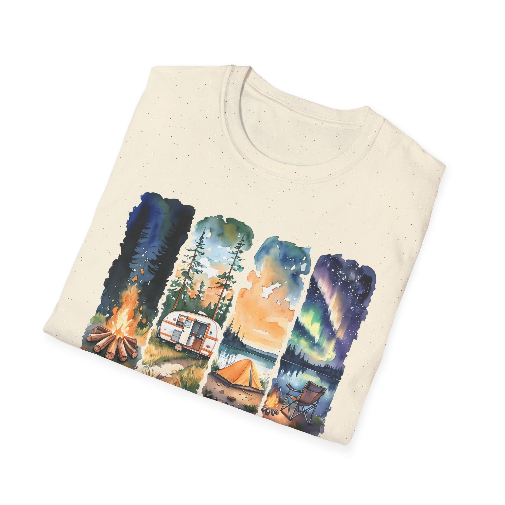 Camping Life T‑Shirt — Retro Campsite Scenes (Campfire, Trailer, Tent, Northern Lights)