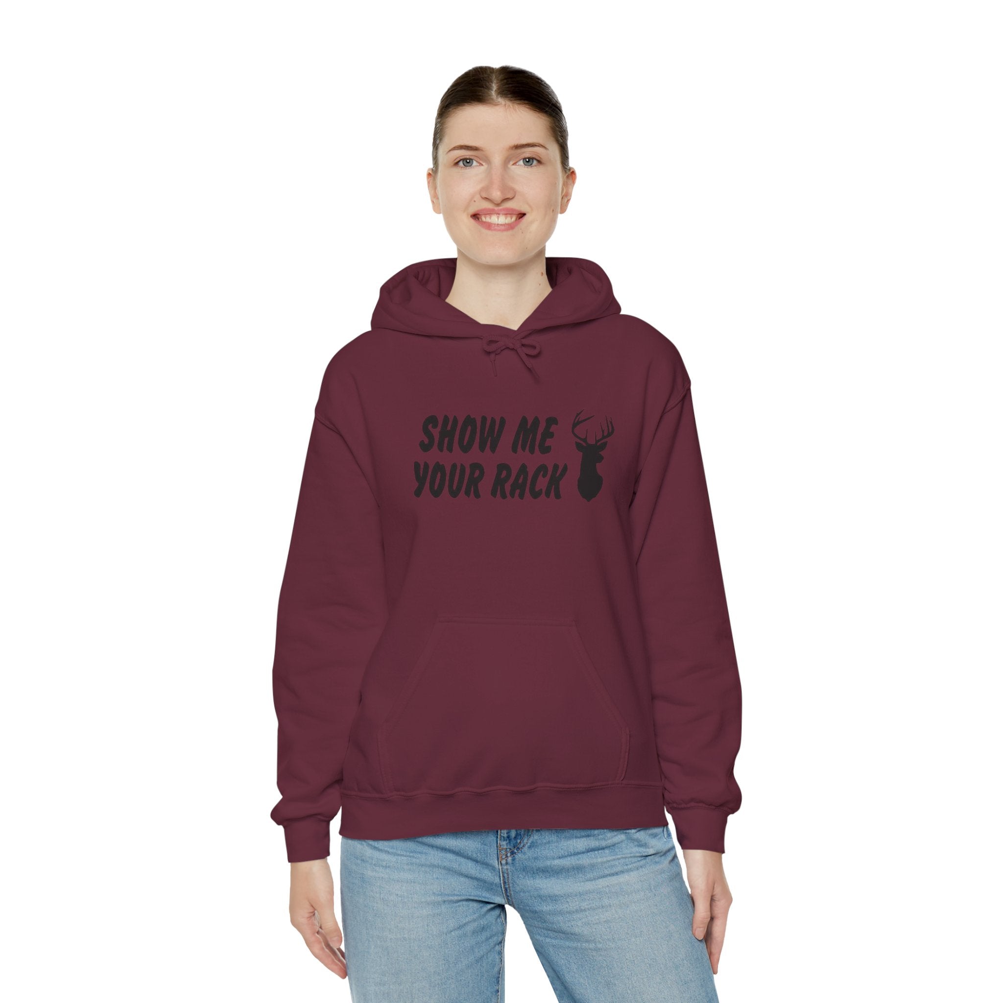 Funny Hunting Hoodie - Show Me Your Rack, Unisex Sweatshirt for Outdoors, Gift for Hunters, Casual Wear, Holiday Apparel