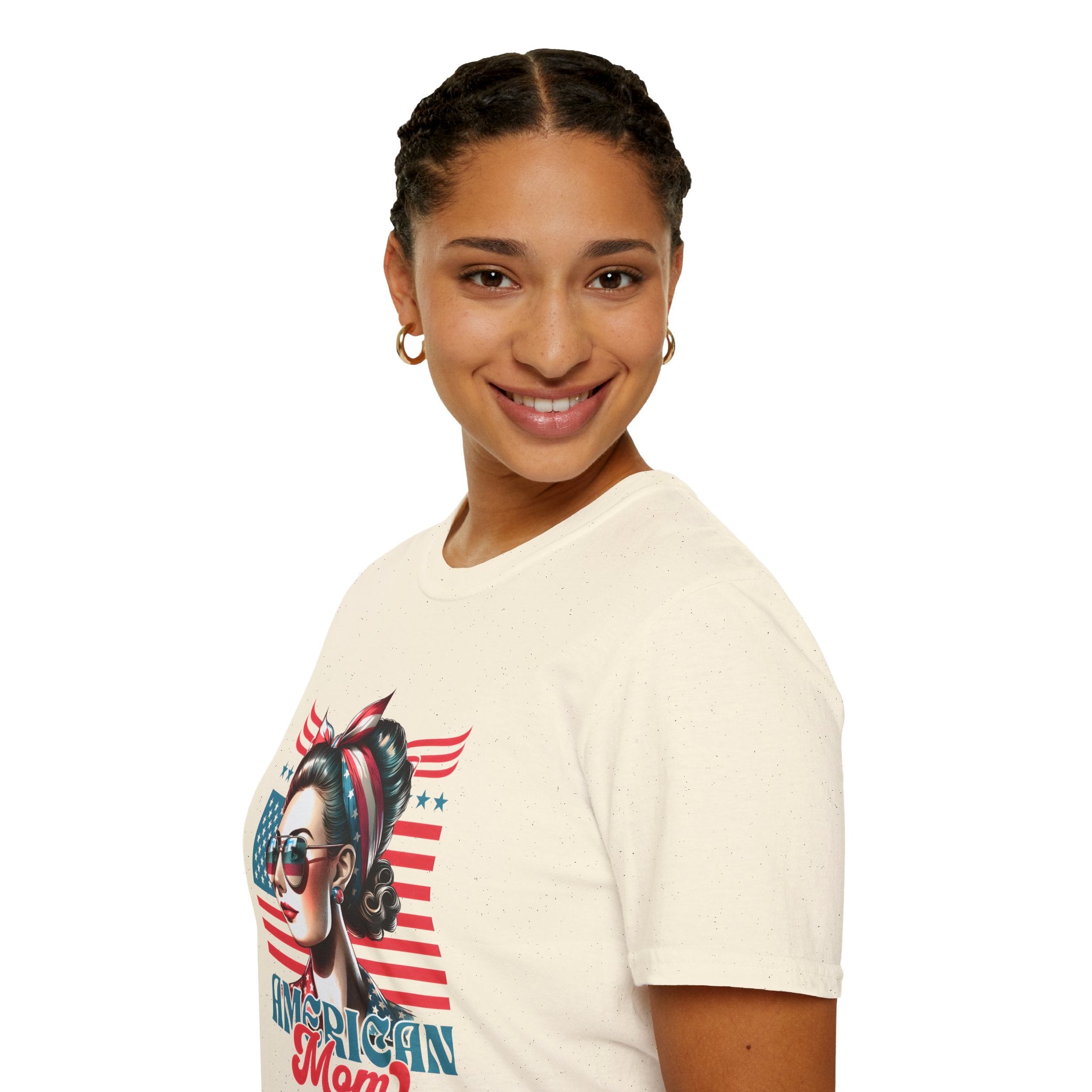 American Mom T-Shirt — Patriotic Retro Rosie Women’s Tee (Stars & Stripes)