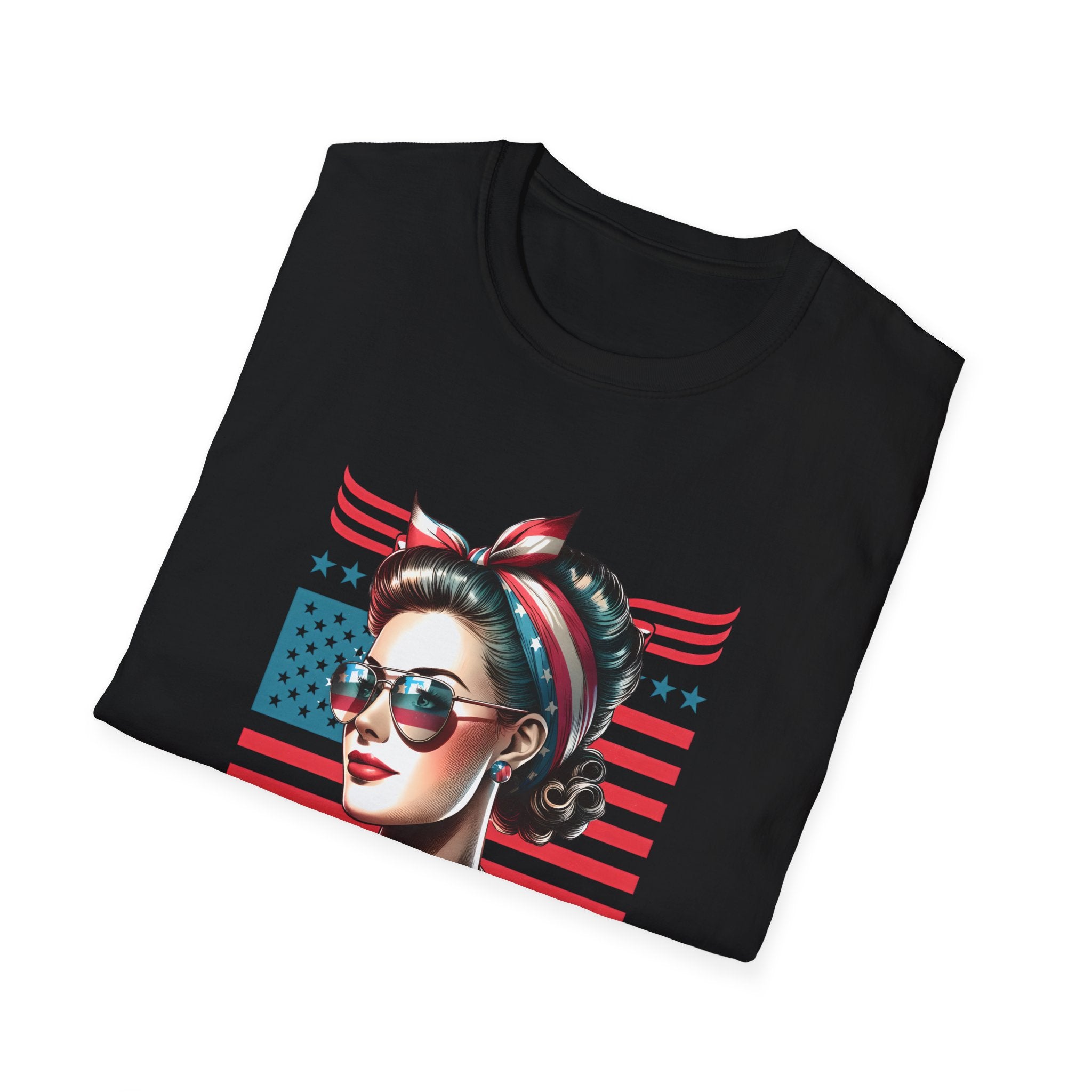 American Mom T-Shirt — Patriotic Retro Rosie Women’s Tee (Stars & Stripes)