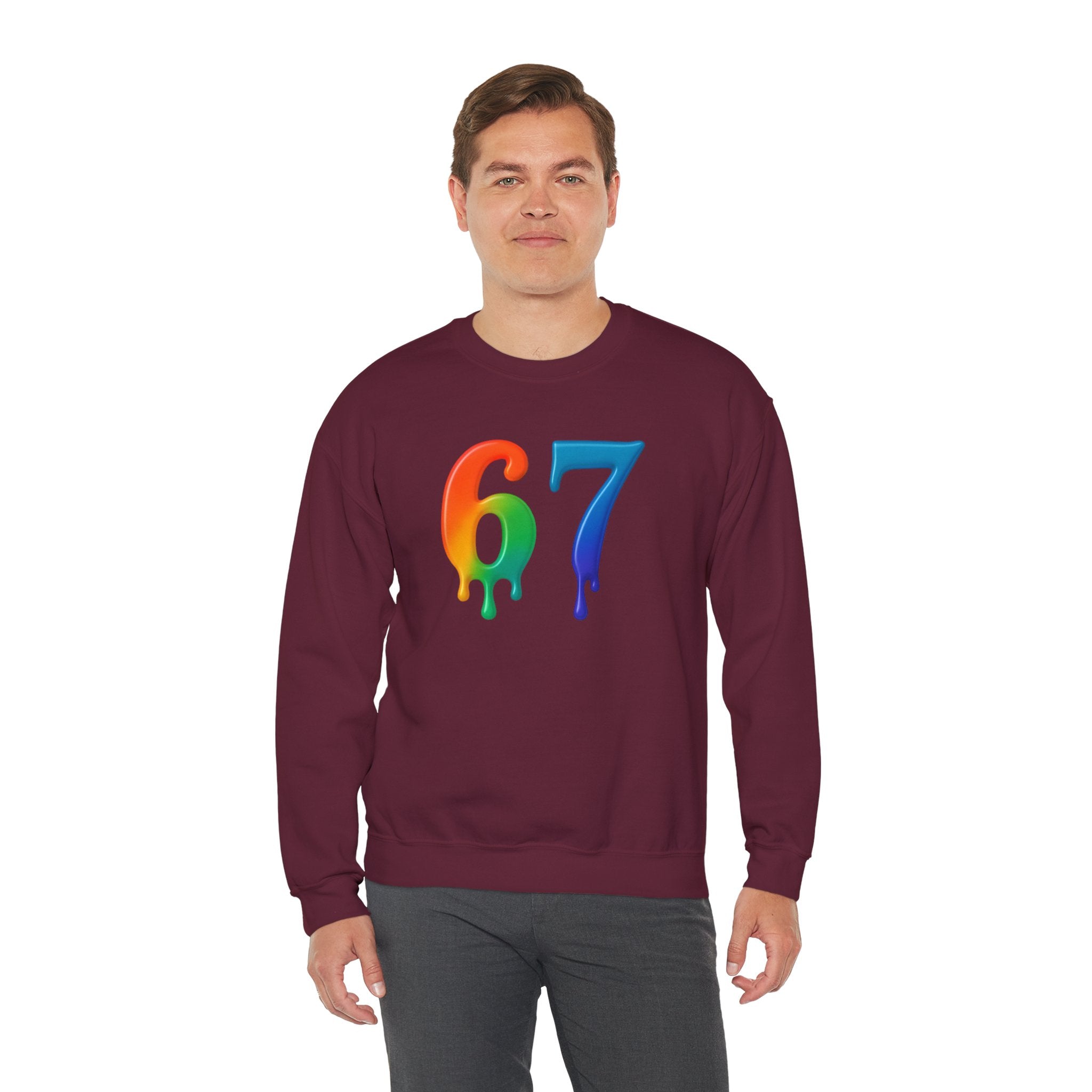 Colorful Drip 67 Sweatshirt, Cozy Unisex Crewneck, Gift for Friends, Rainbow Sweatshirt, Casual Everyday Wear, Birthday Apparel