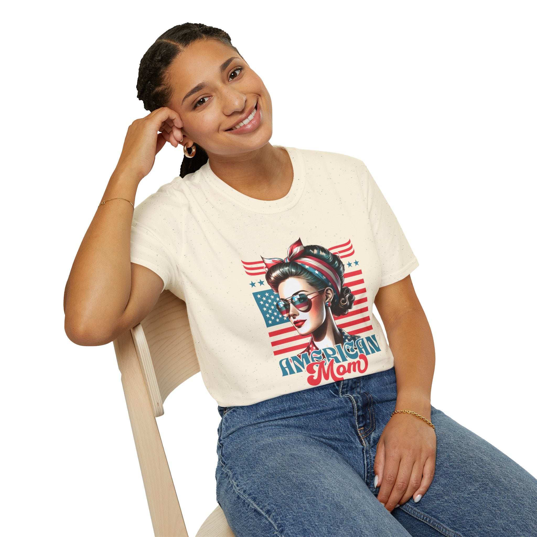 American Mom T-Shirt — Patriotic Retro Rosie Women’s Tee (Stars & Stripes)
