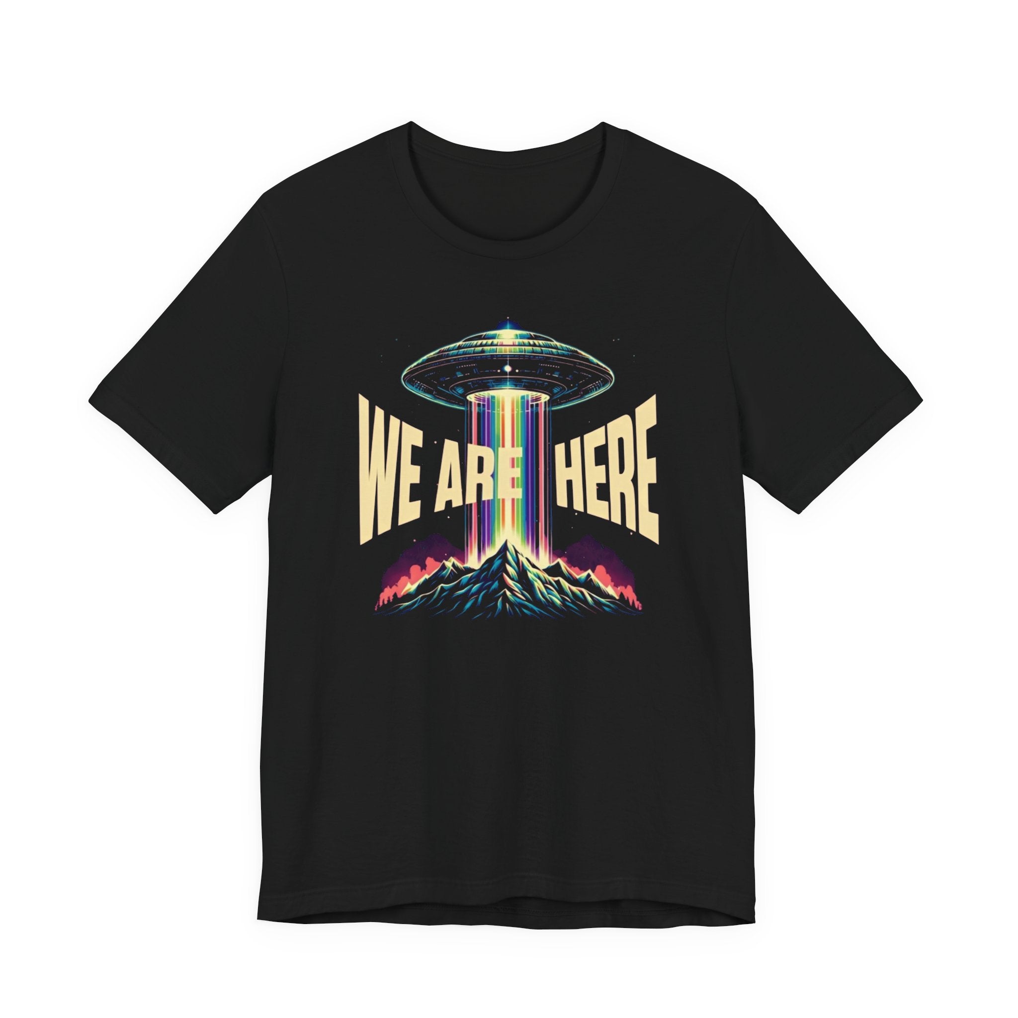 We Are Here UFO T‑Shirt — Retro Alien Abduction Graphic Tee