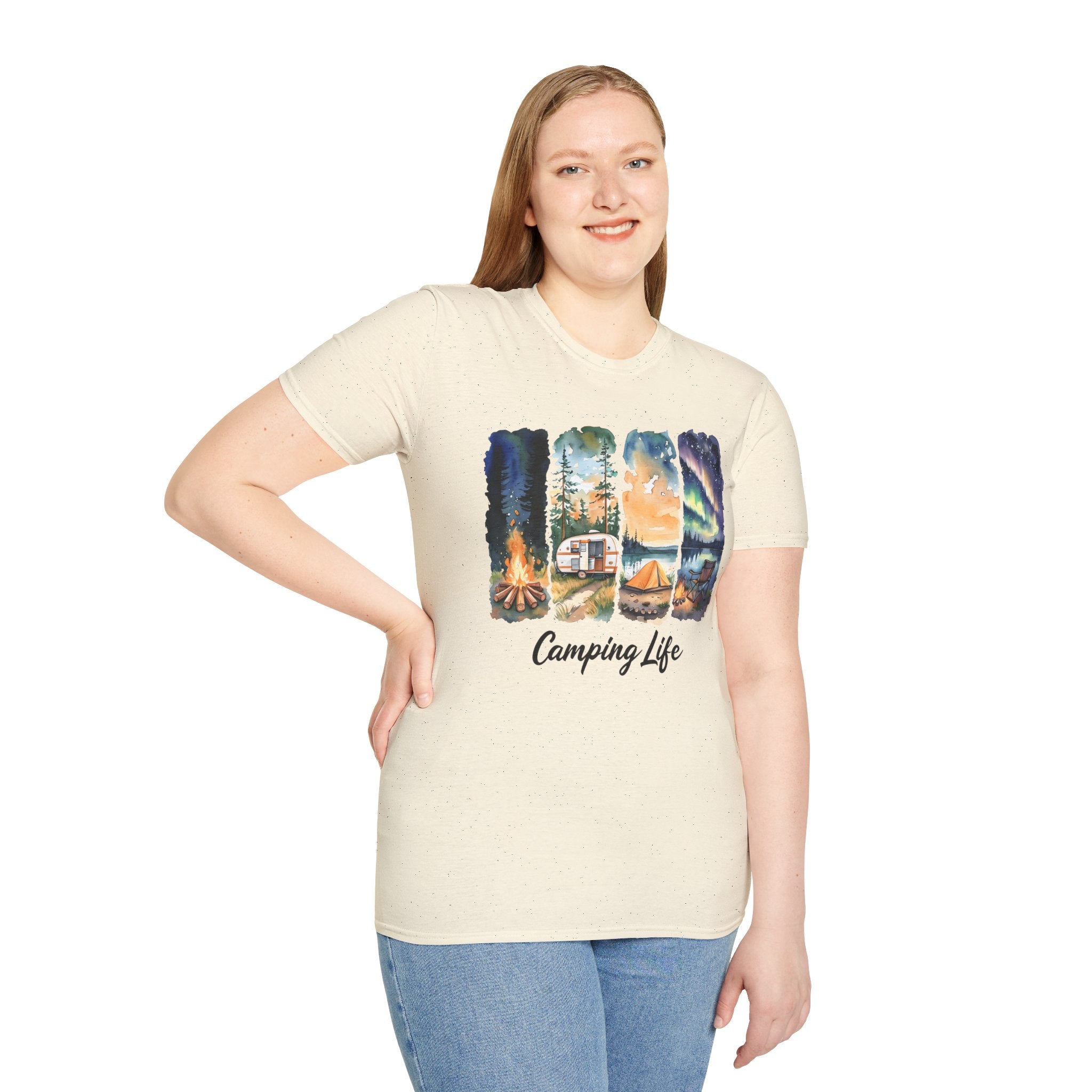 Camping Life T‑Shirt — Retro Campsite Scenes (Campfire, Trailer, Tent, Northern Lights)