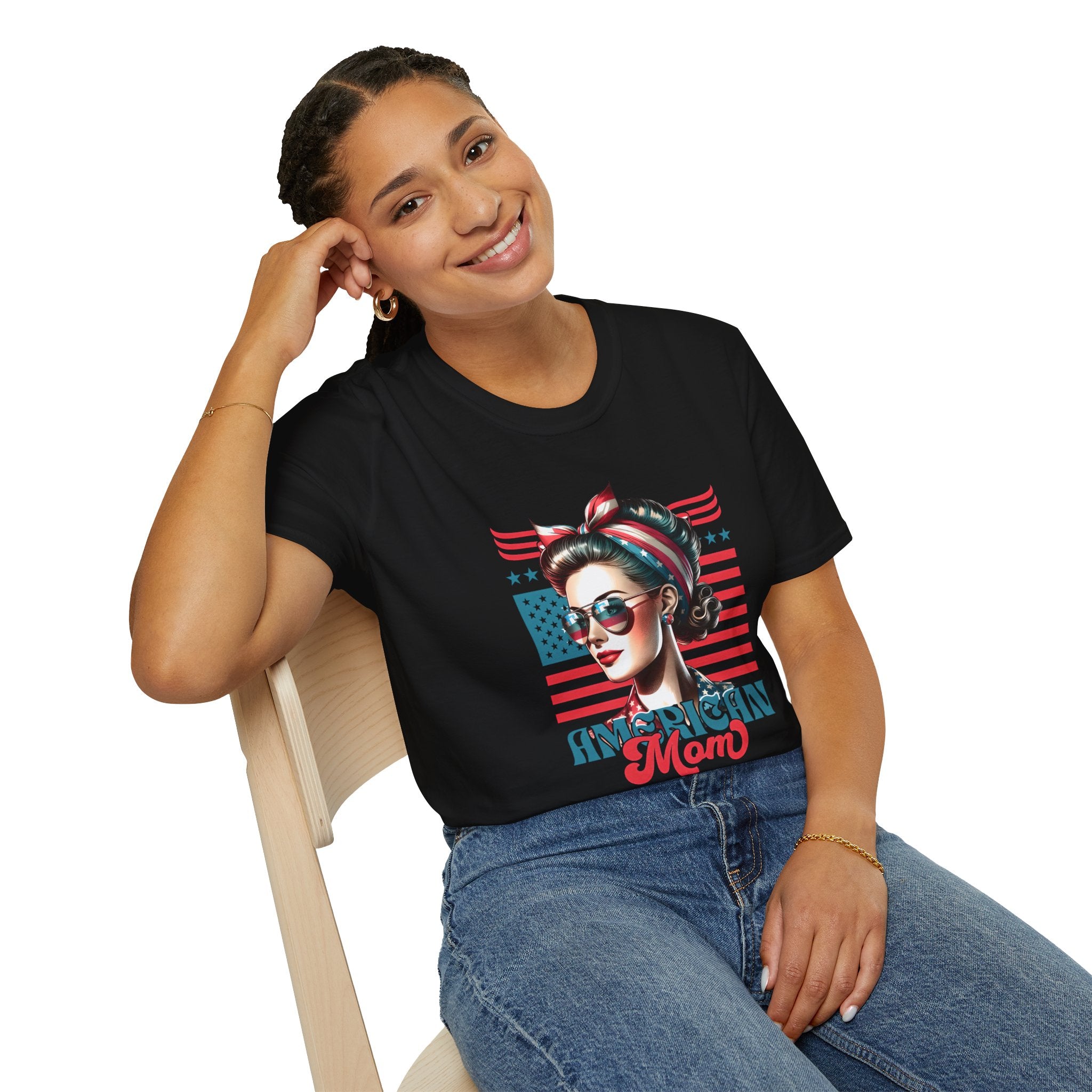 American Mom T-Shirt — Patriotic Retro Rosie Women’s Tee (Stars & Stripes)