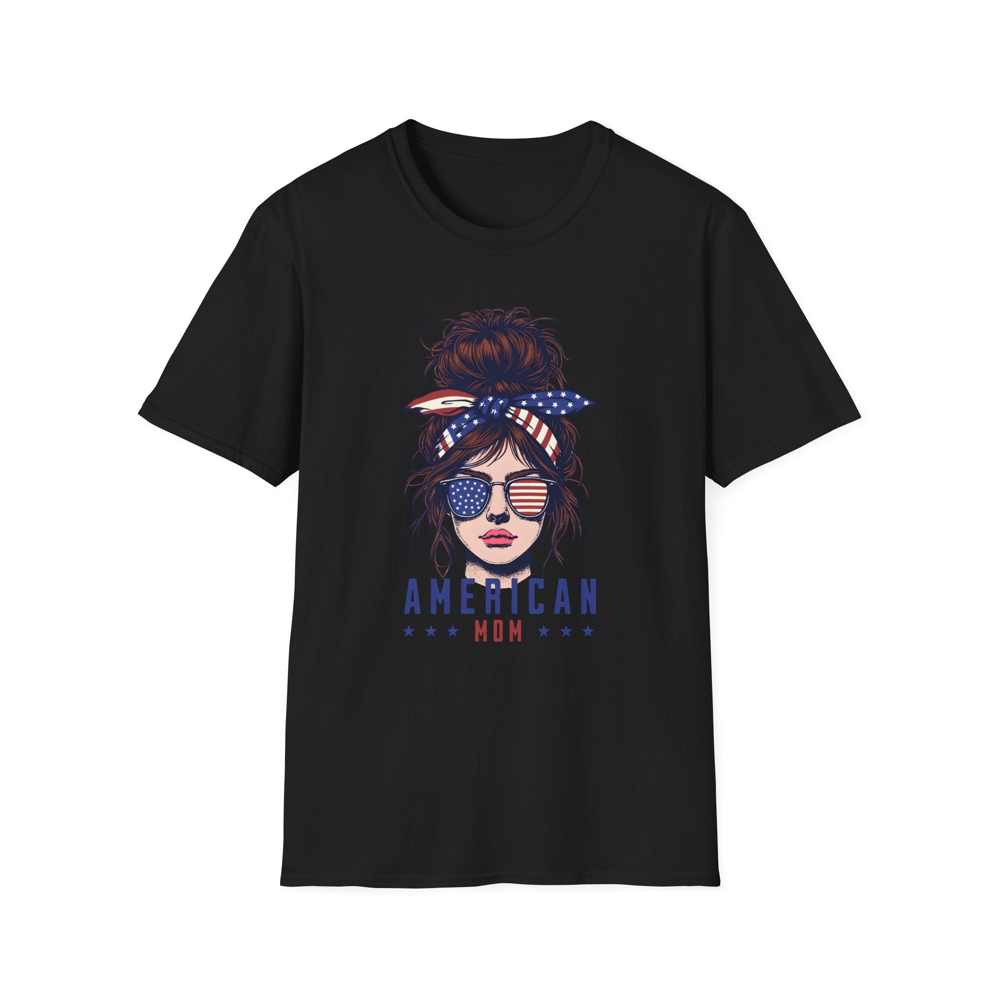 American Mom T-Shirt — Patriotic Messy Bun Sunglasses Tee