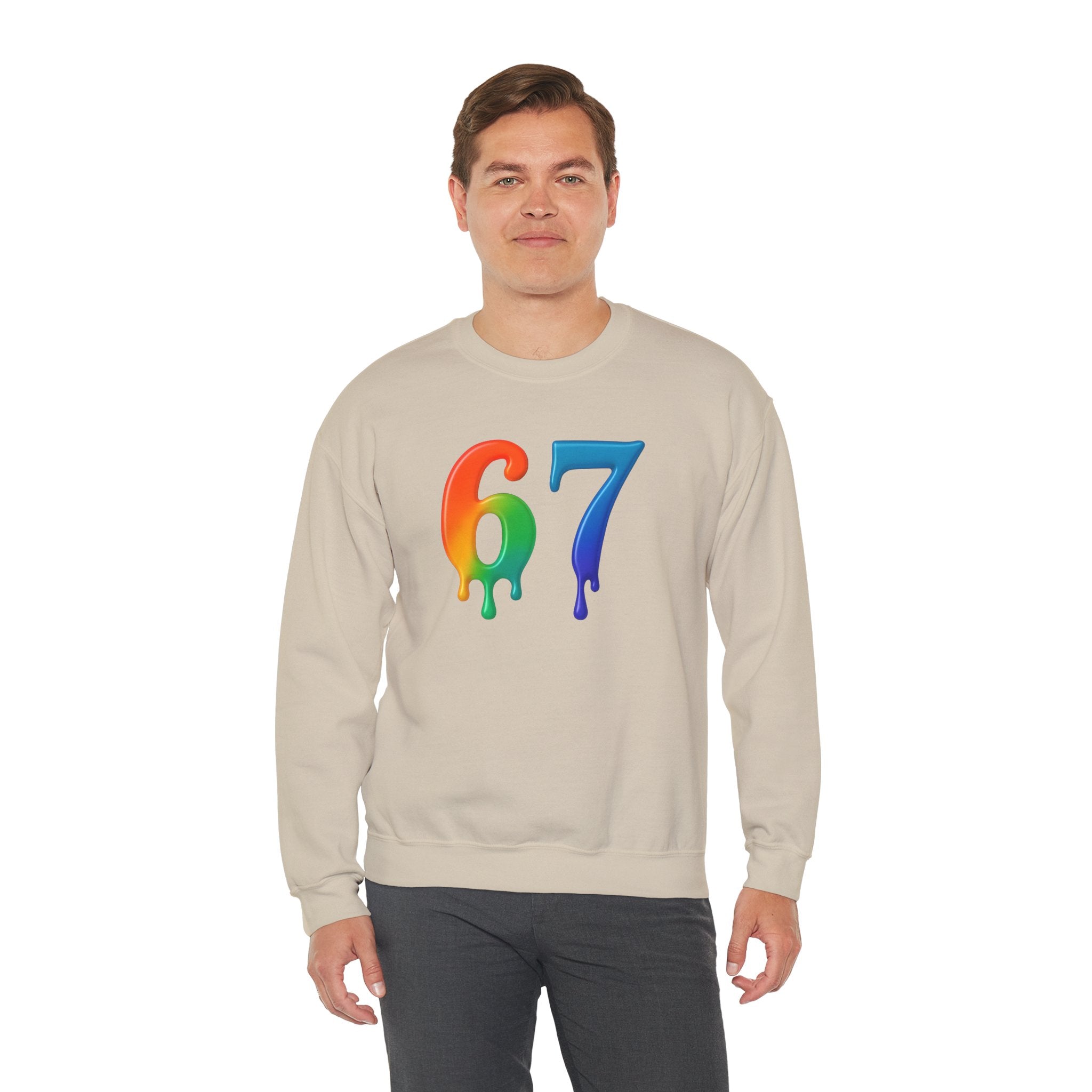 Colorful Drip 67 Sweatshirt, Cozy Unisex Crewneck, Gift for Friends, Rainbow Sweatshirt, Casual Everyday Wear, Birthday Apparel
