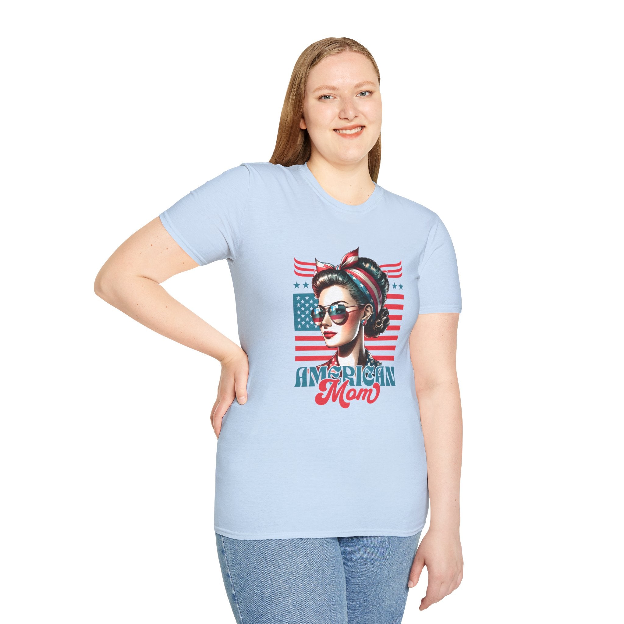 American Mom T-Shirt — Patriotic Retro Rosie Women’s Tee (Stars & Stripes)