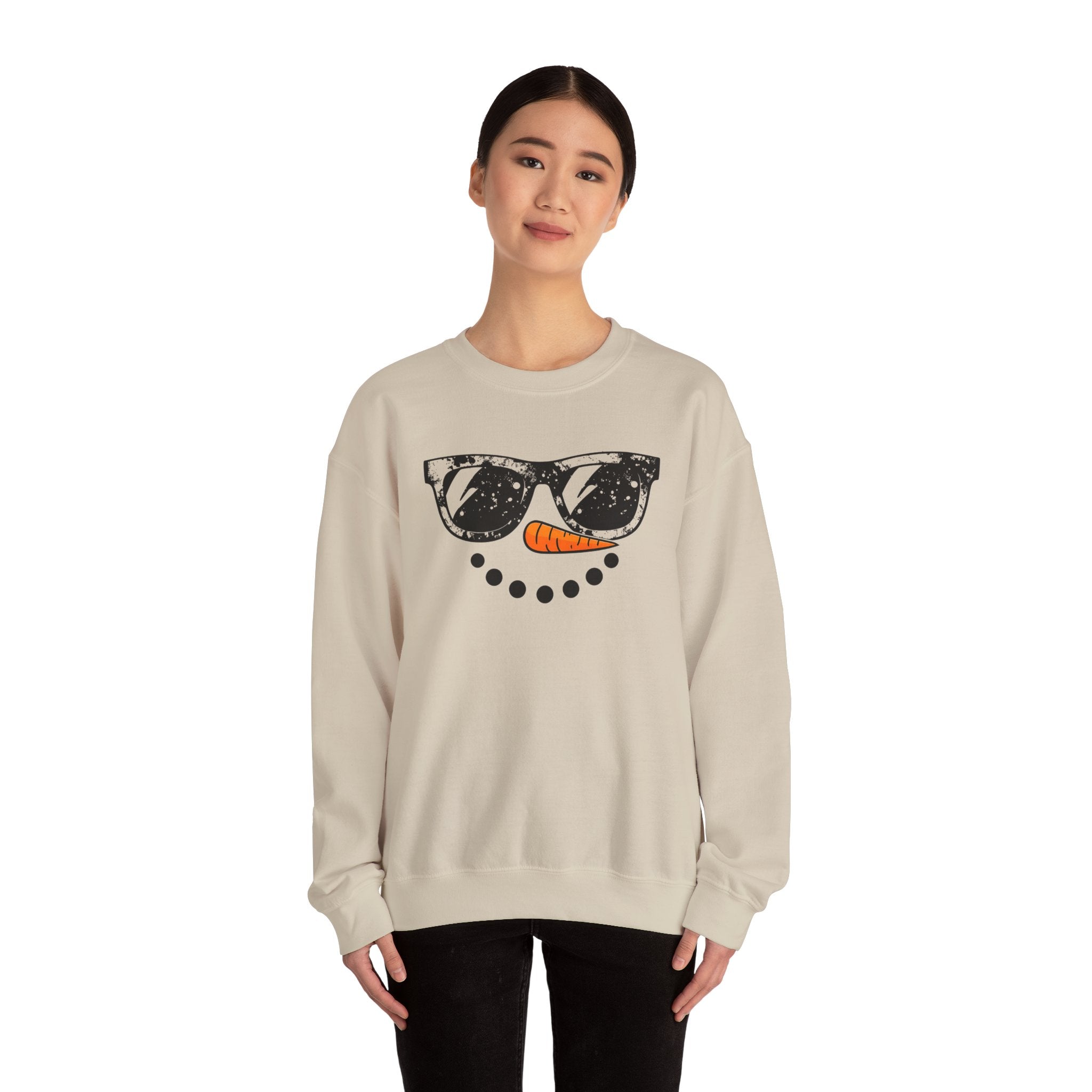 Snowman Face Crewneck Sweatshirt — Sunglasses & Carrot Nose Holiday Sweater