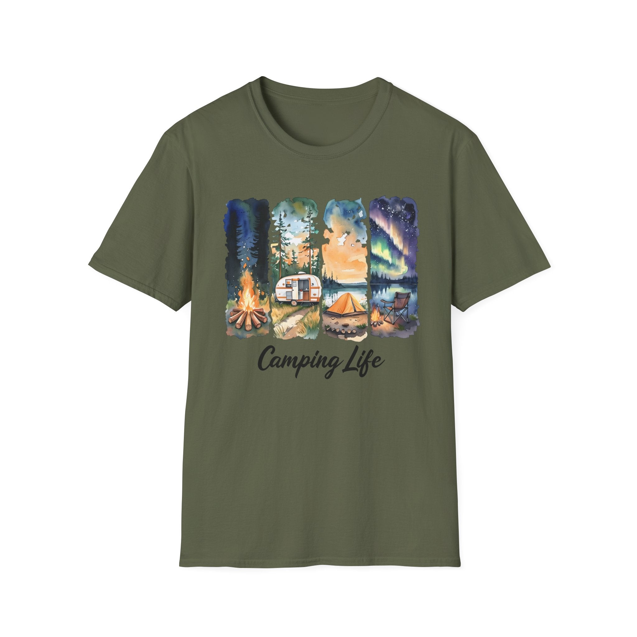 Camping Life T‑Shirt — Retro Campsite Scenes (Campfire, Trailer, Tent, Northern Lights)