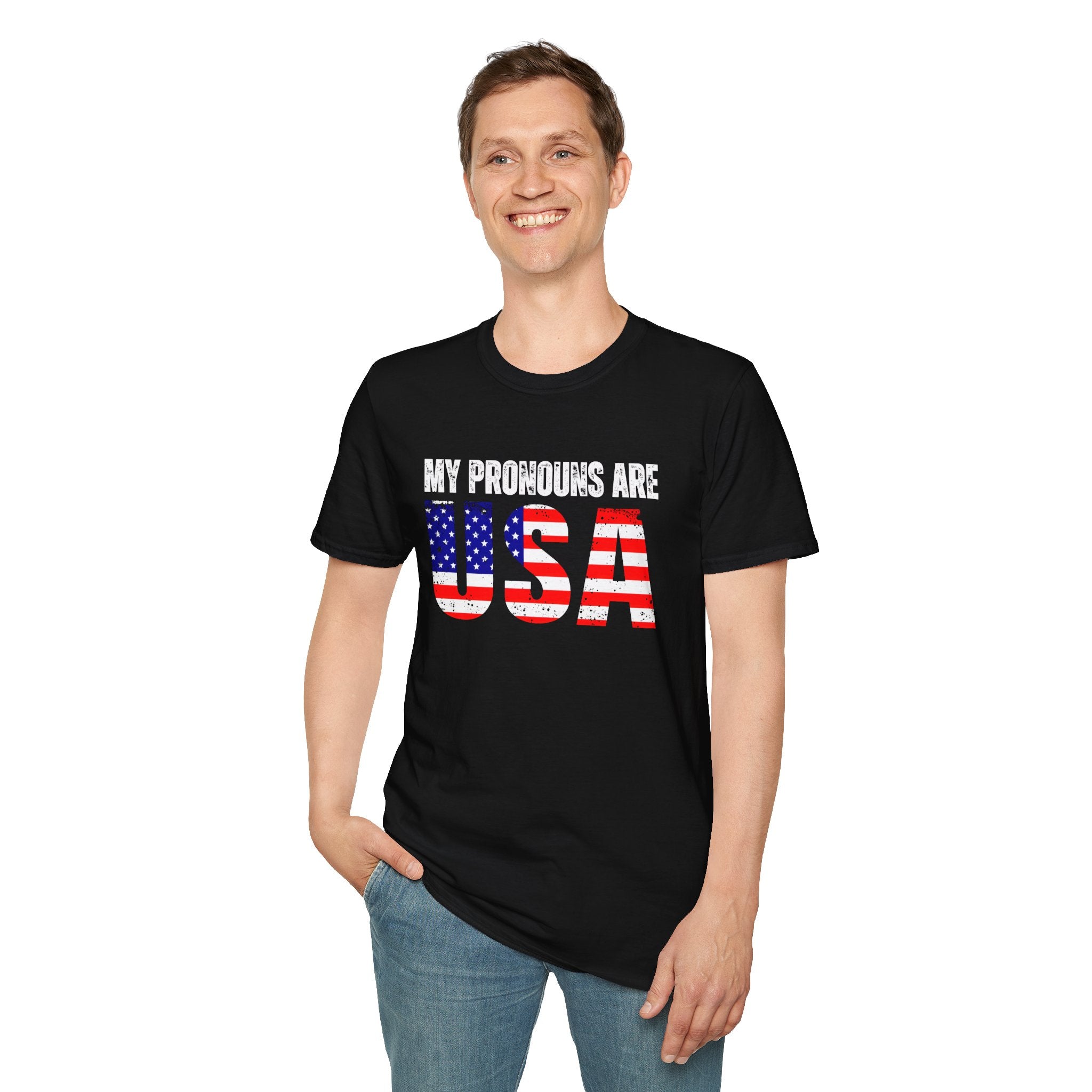 My Pronouns Are USA T-Shirt — Patriotic American Flag Graphic Tee for 4th of July & Political Events