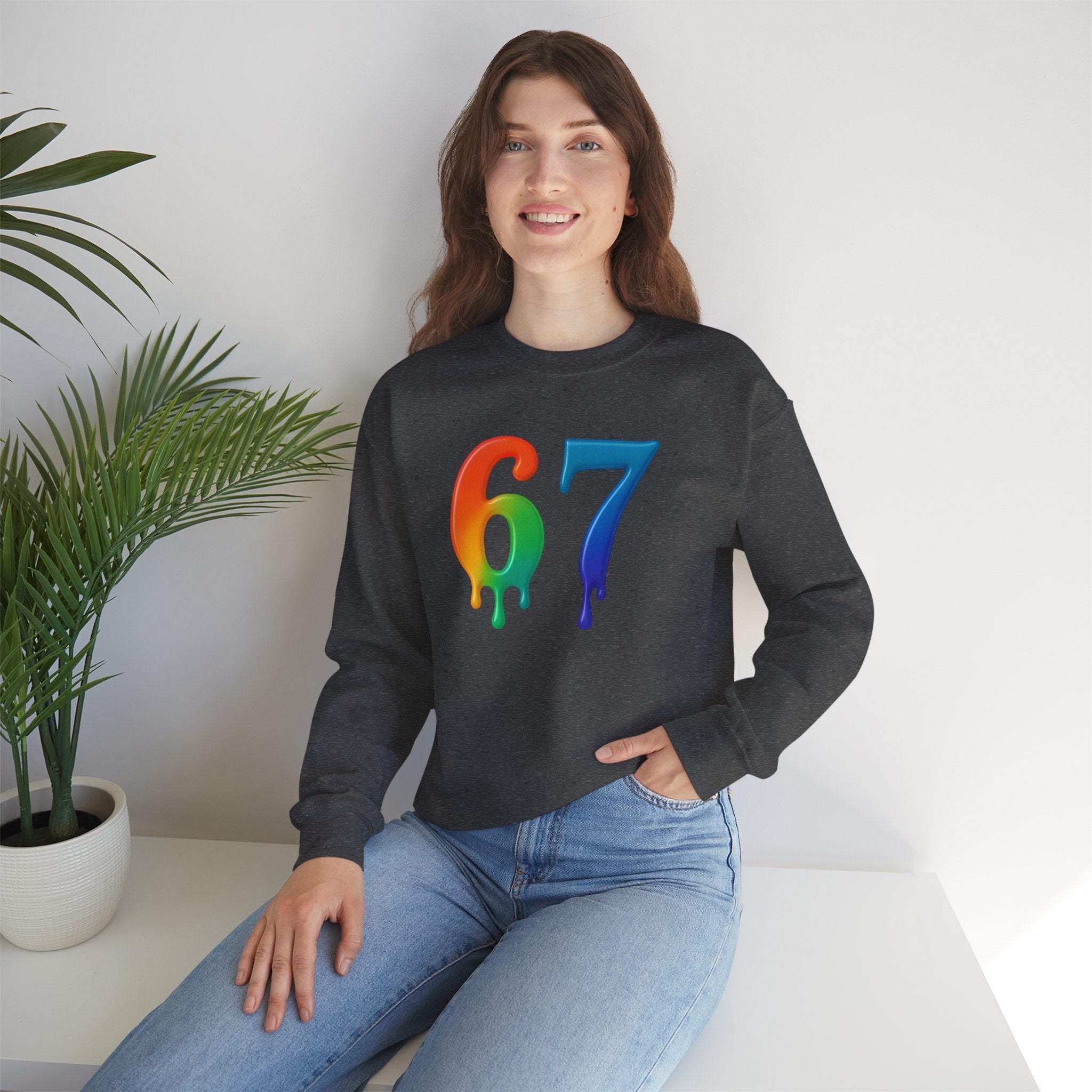 Colorful Drip 67 Sweatshirt, Cozy Unisex Crewneck, Gift for Friends, Rainbow Sweatshirt, Casual Everyday Wear, Birthday Apparel