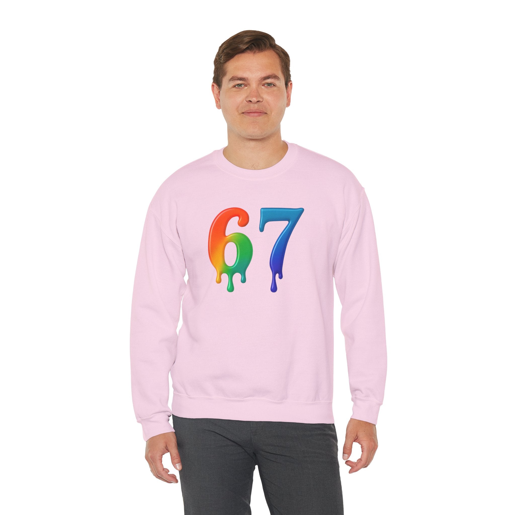 Colorful Drip 67 Sweatshirt, Cozy Unisex Crewneck, Gift for Friends, Rainbow Sweatshirt, Casual Everyday Wear, Birthday Apparel