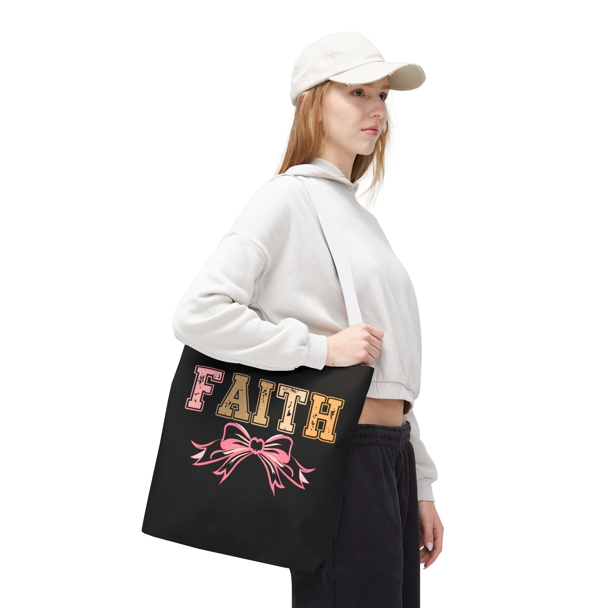 Faith Tote Bag with Bow Design, Inspirational Gift for Her, Everyday Shopping Bag, Faith-Based Gift, Religious Tote, Faith Quote Bag