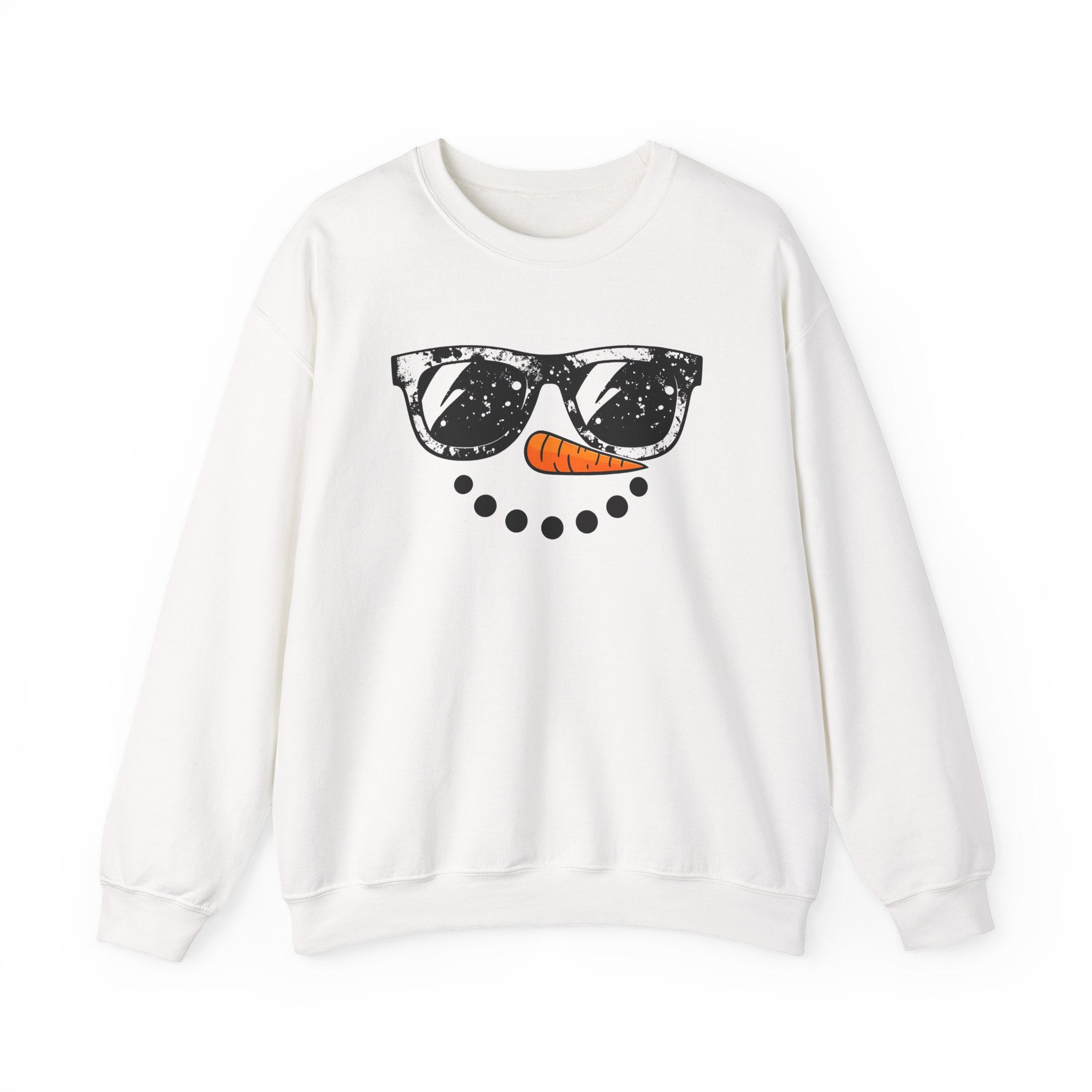 Snowman Face Crewneck Sweatshirt — Sunglasses & Carrot Nose Holiday Sweater